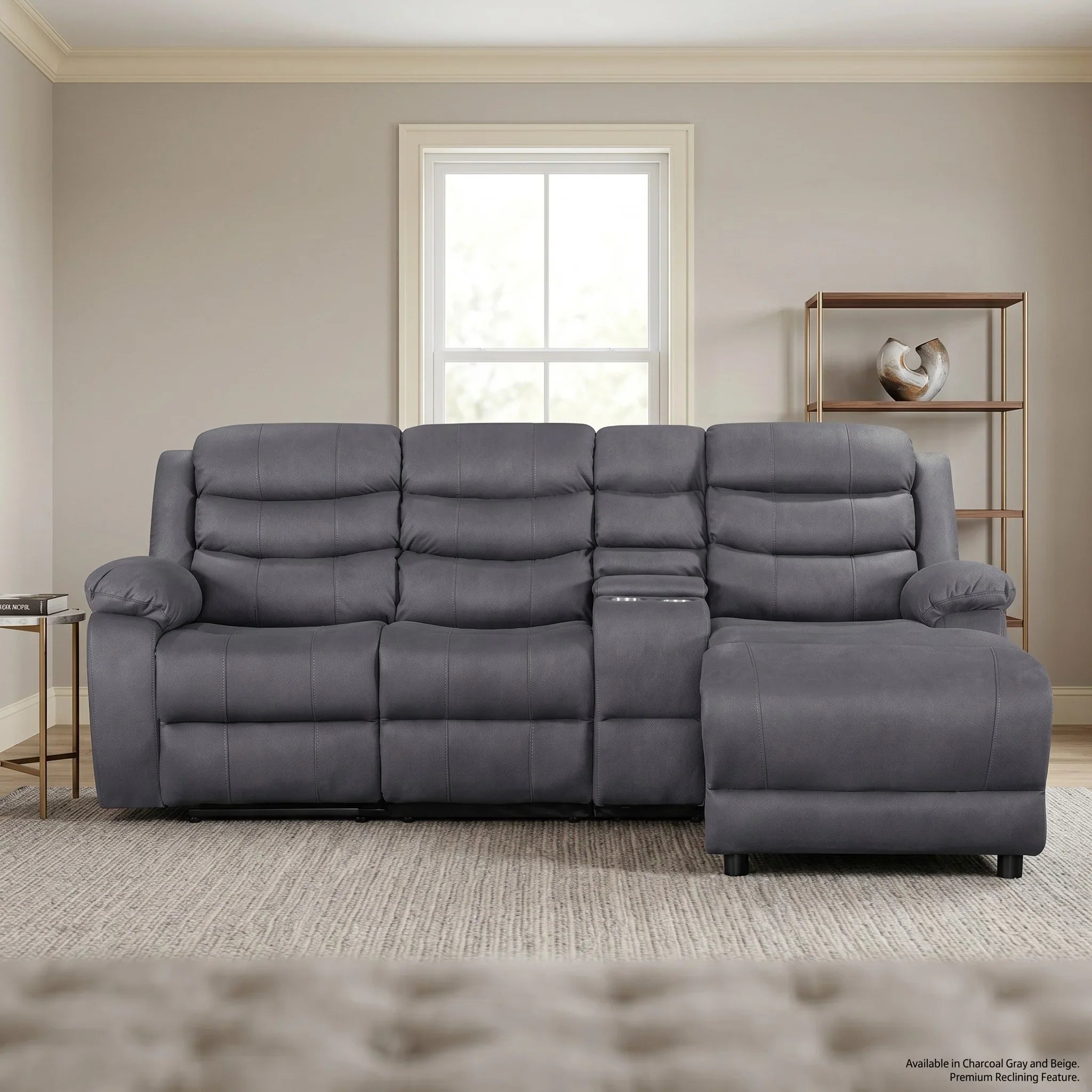 Barcelona 3 Seater Recliner Lounge in charcoal grey with plush cushioned seats and wide armrests, featuring a recliner and a central console for added comfort and convenience.