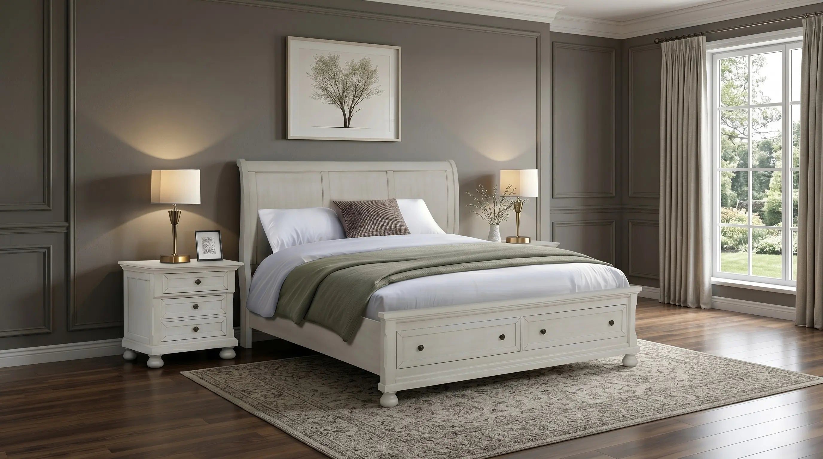 Neatly arranged bedroom with a bed, nightstands, and lamps.