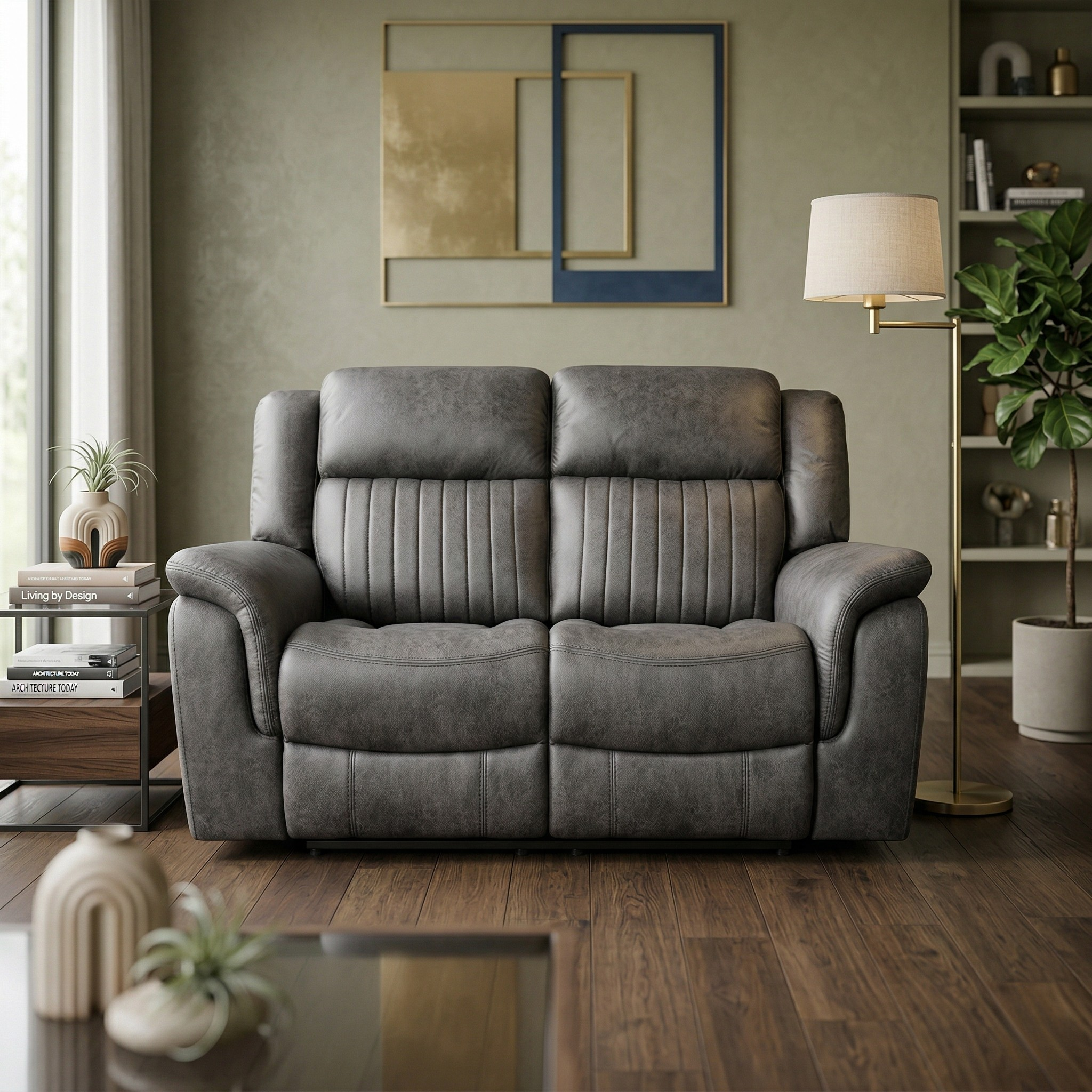 Gray fabric sofa in a living room with decor elements.