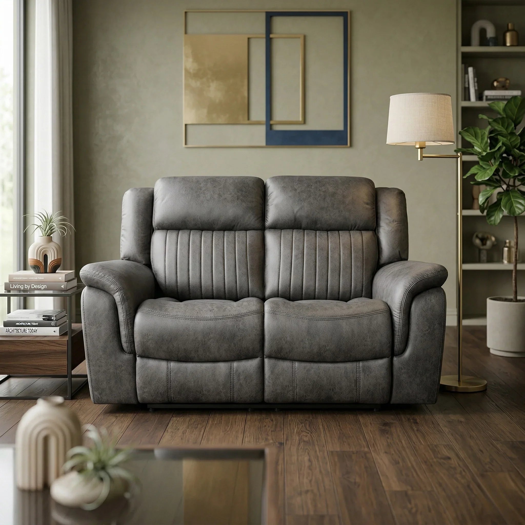 Gray fabric sofa in a living room with decor elements.