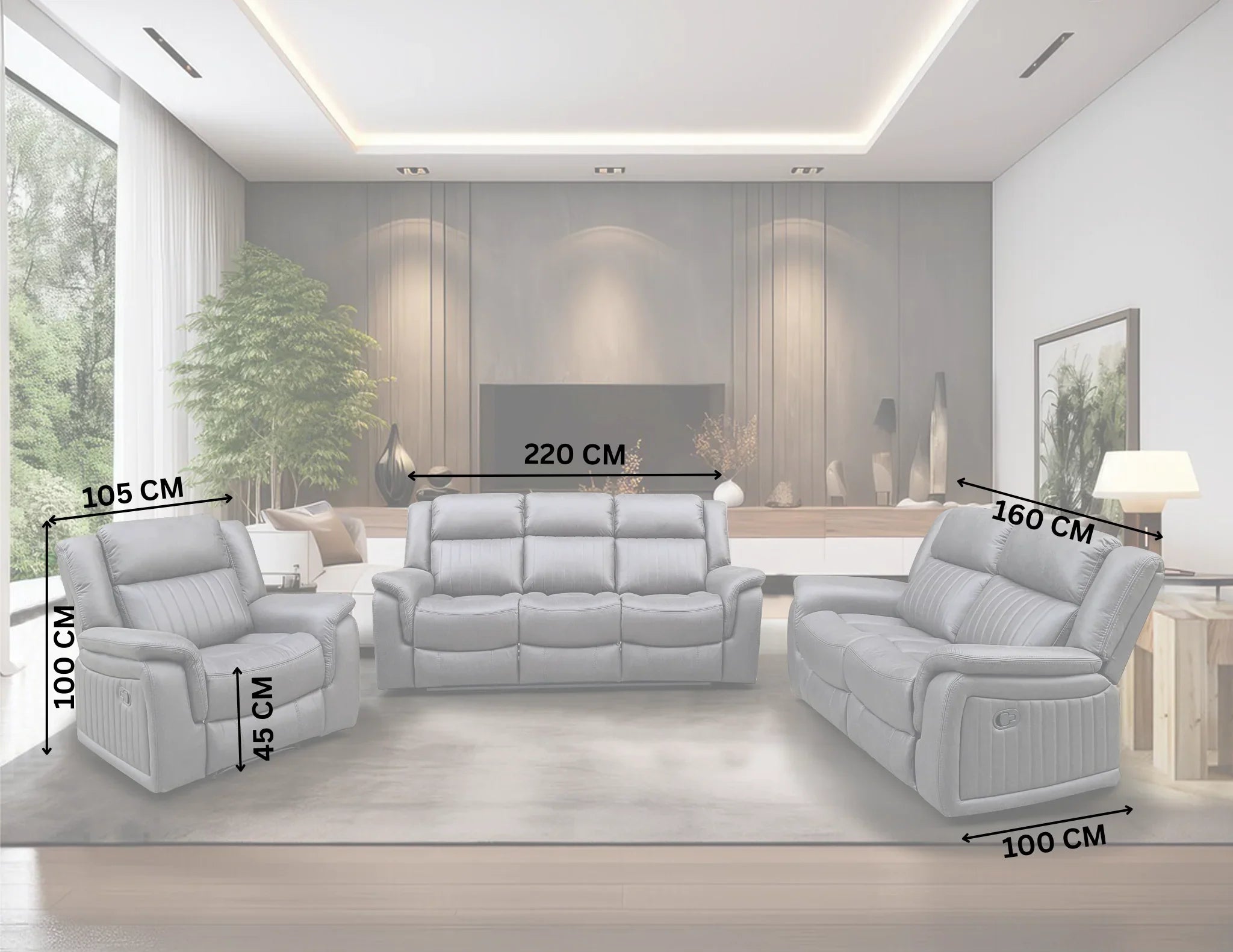 Modern living room with grey recliner lounge suite set, labeled sofa dimensions in centimeters