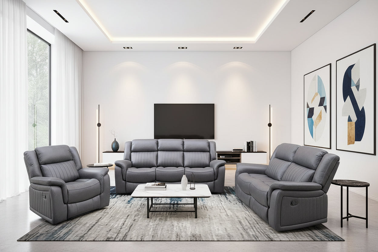 Modern living room with a grey sofa set and decorative elements.