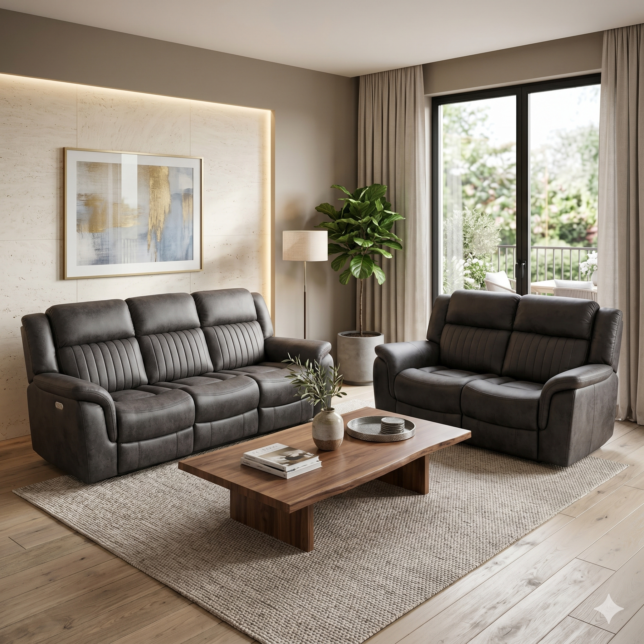 Modern living room with dark gray sofa set and wooden coffee table.