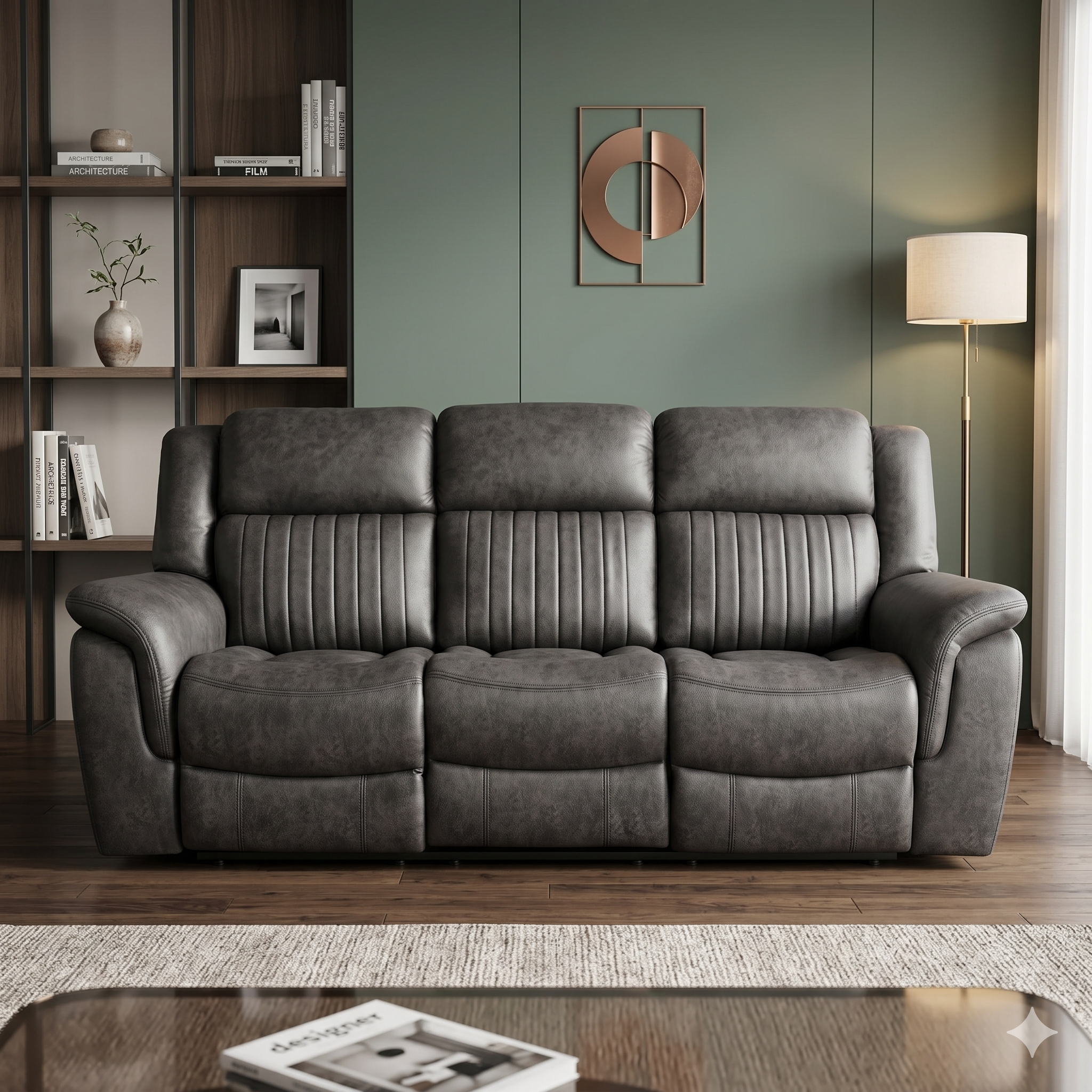Gray sofa in a living room with a bookshelf and wall decor.