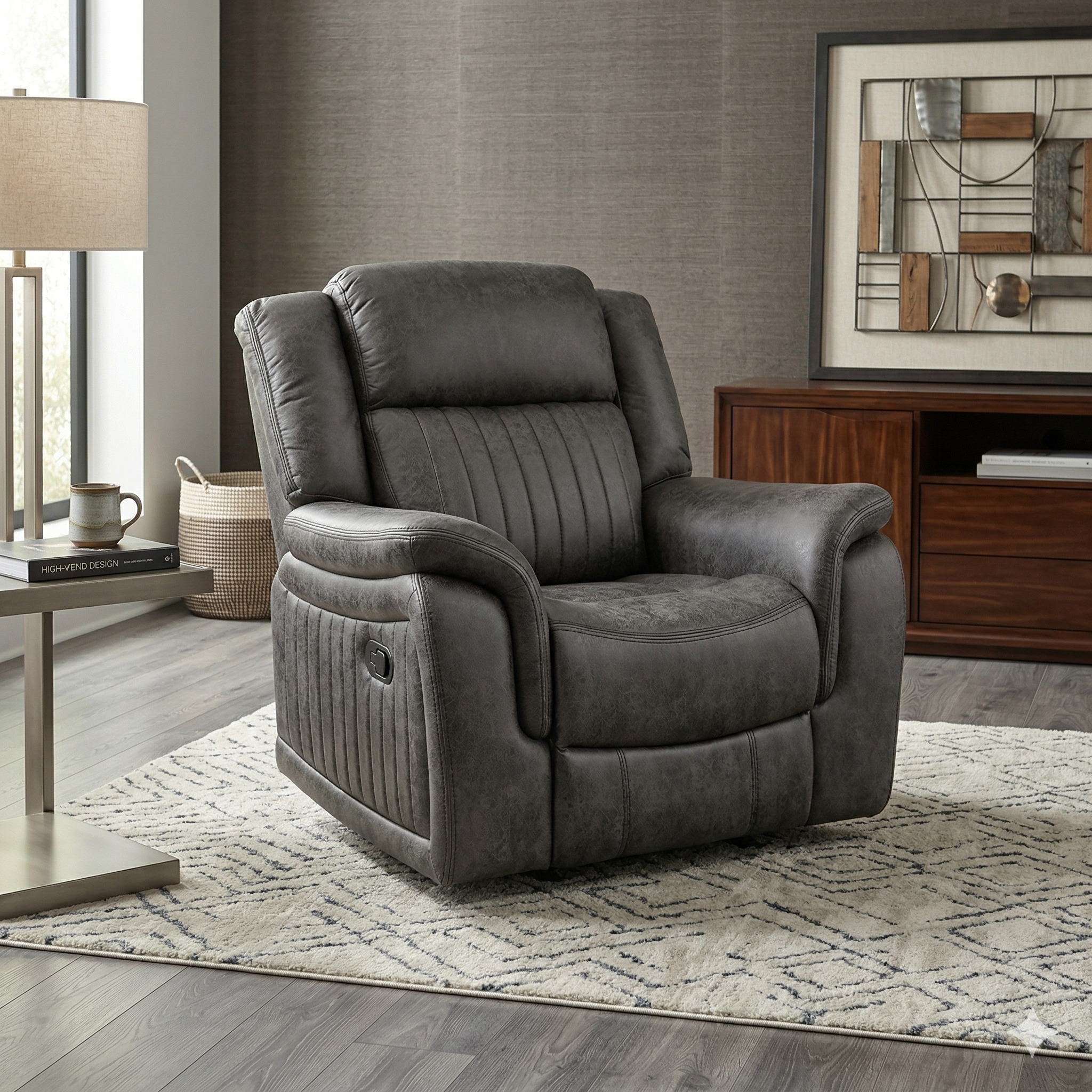 Gray recliner chair in a living room setting with a rug and side table.