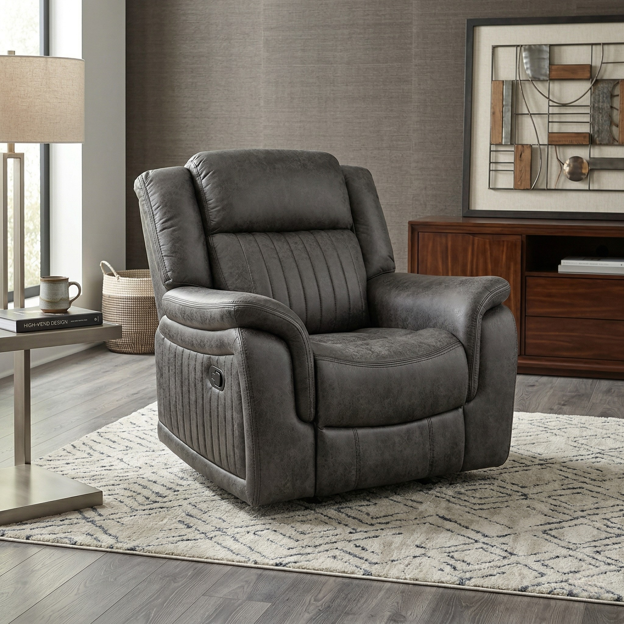 Modern gray leather Beach Recliner Chair positioned in a cozy living room with wooden flooring, soft lighting, and stylish decor, perfect for comfortable lounging.