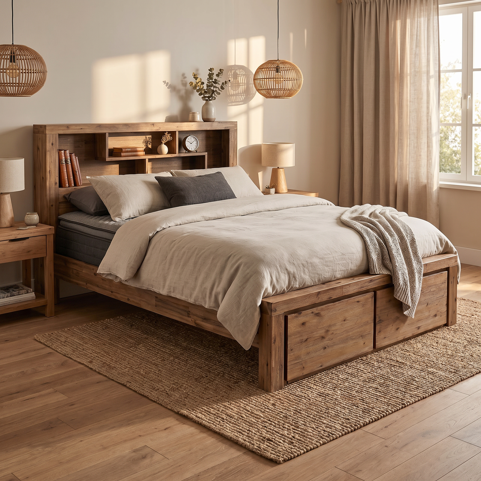 Joyner Bookcase Bed Frame in a coastal-style bedroom lifestyle setting