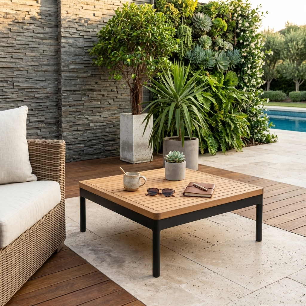 Outdoor patio setting with a wooden coffee table, wicker chair, and potted plants.