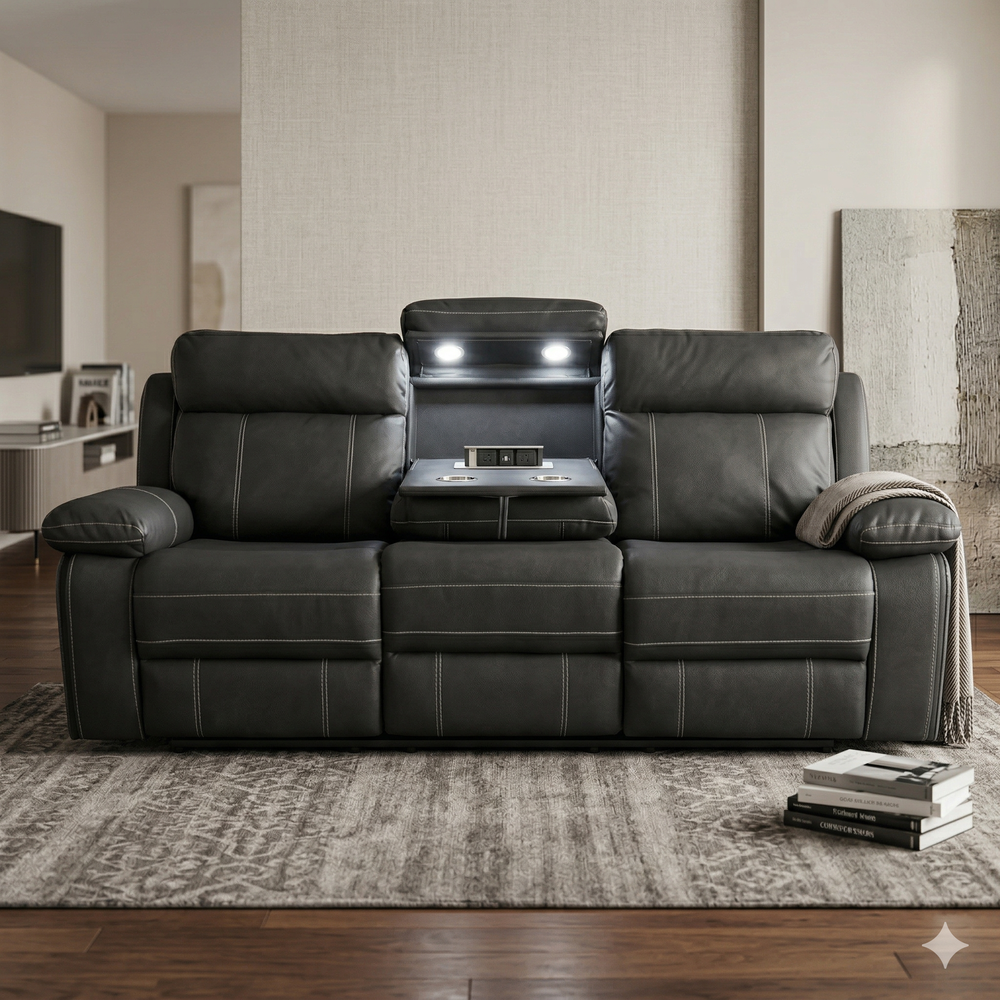 Black fabric 3 seater recliner sofa in a living room setting with books and a blanket.