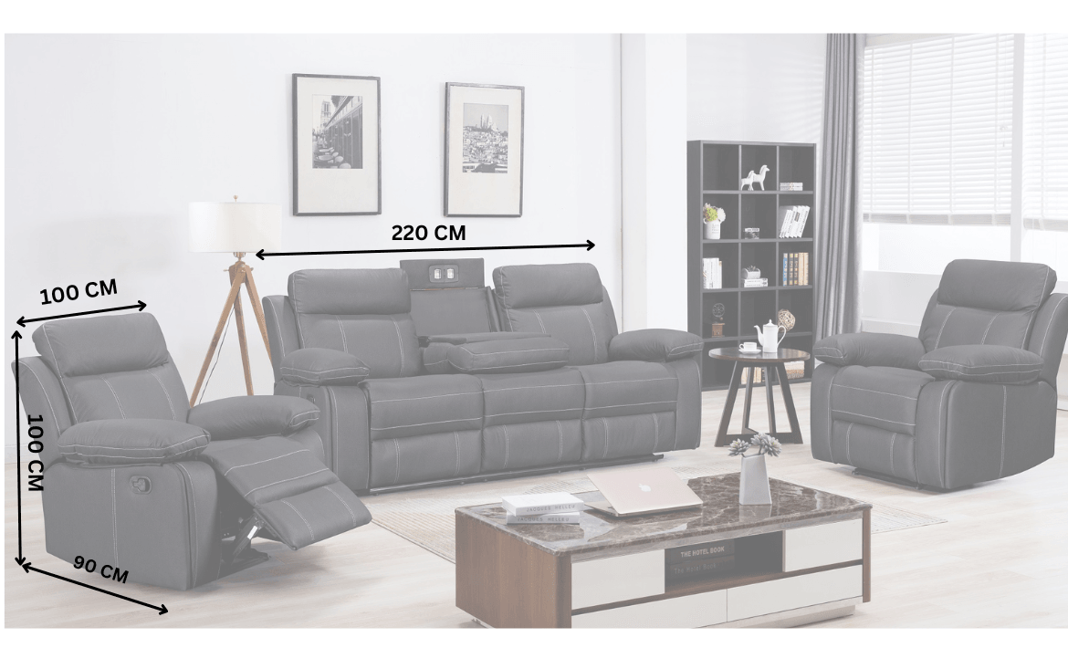 Modern lounge set with reclining sofa and chairs, dimensions labeled, in living room