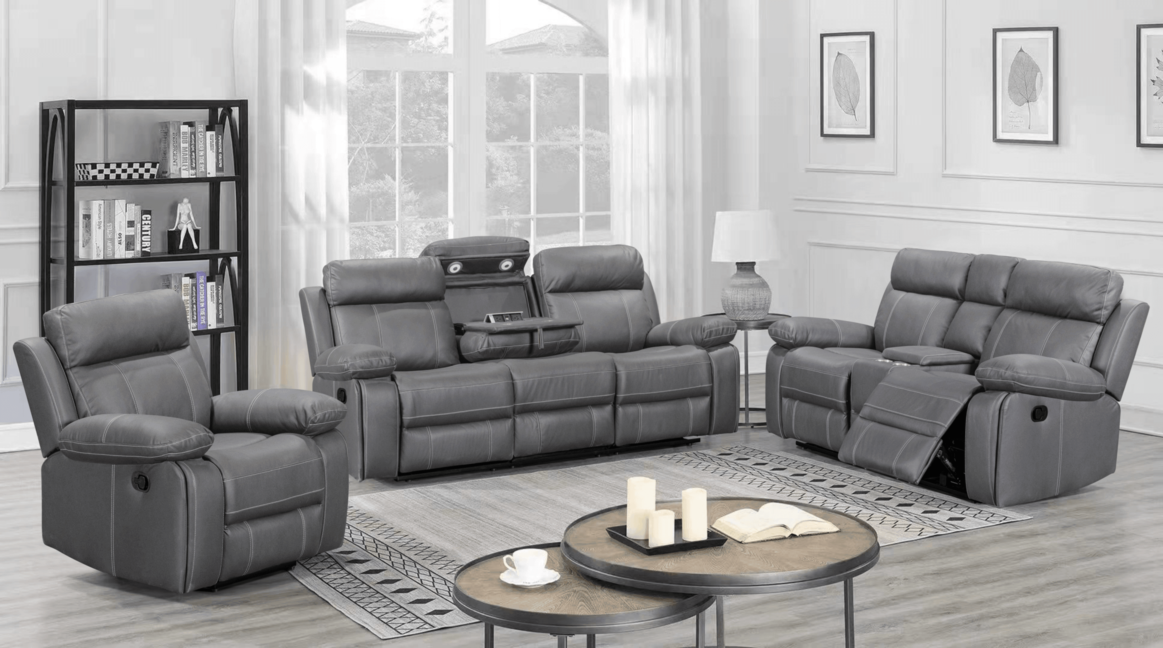 Charcoal grey recliner lounge suite with armchair and sofas in modern living room