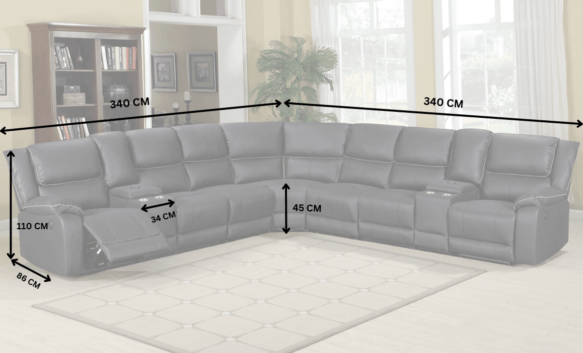 Spacious grey corner recliner lounge with cup holders, sectional sofa dimensions labeled in cm