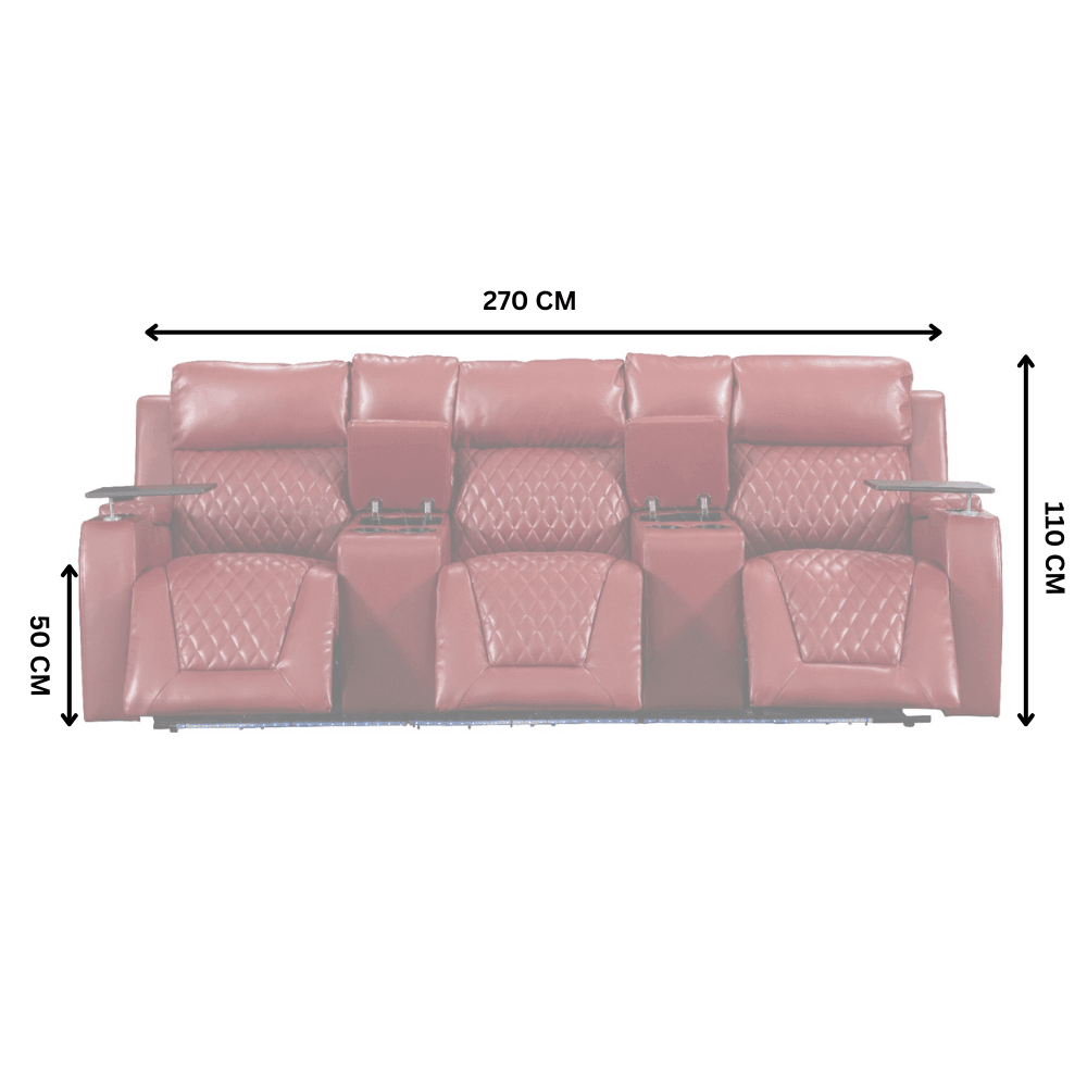 Red quilted leather recliner sofa with cup holders, arm tables, and dimensions labeled