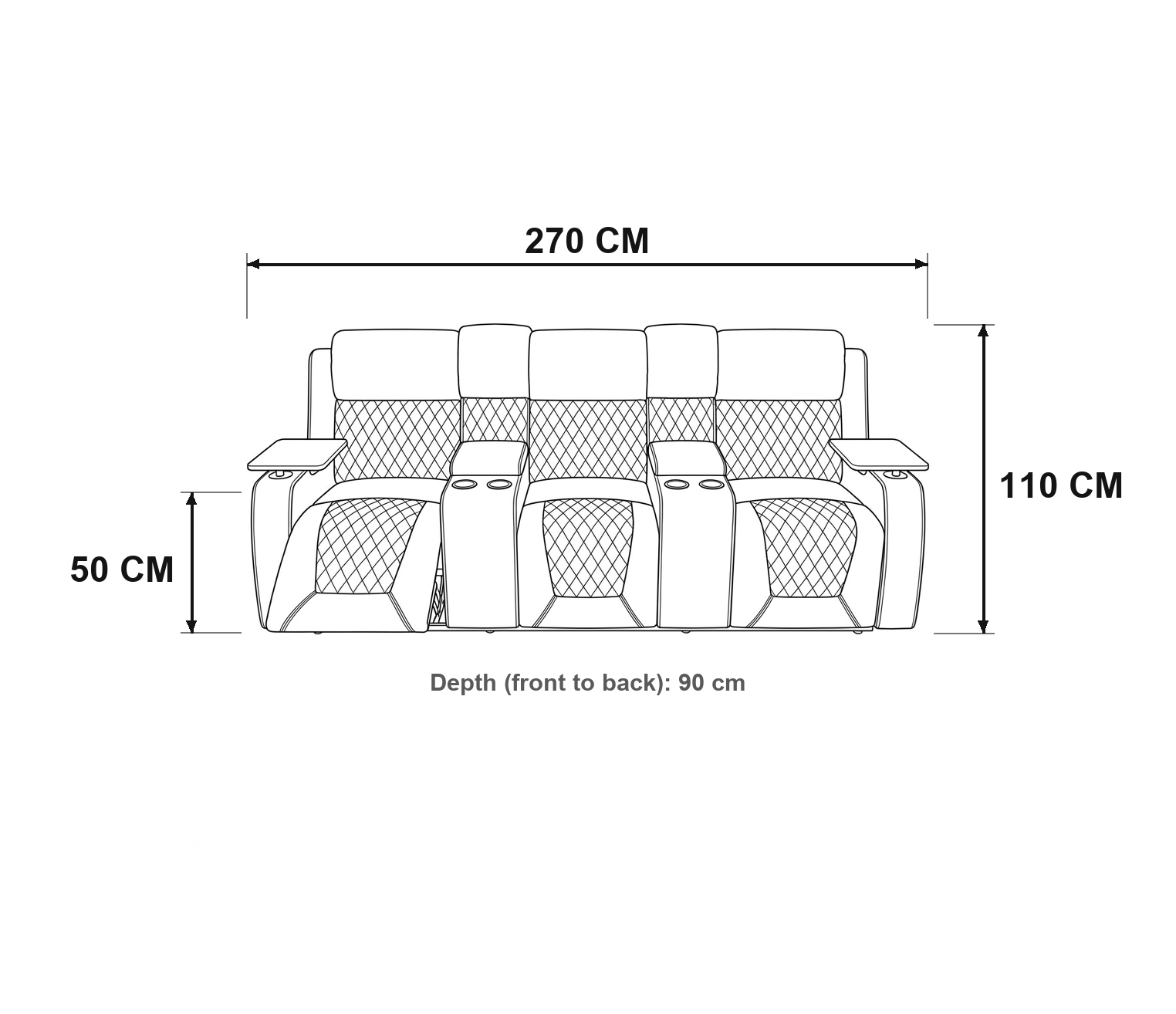 Blair 3-Seat Theatre Recliner dimension diagram — 270 cm wide, 90 cm deep, 110 cm high, 50 cm seat height