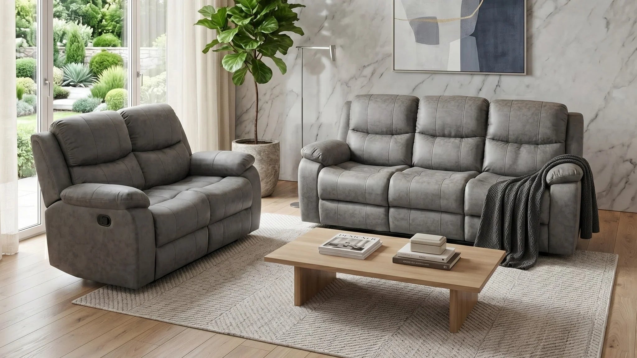 Modern living room with gray sofas, a wooden coffee table, and abstract art on the wall.