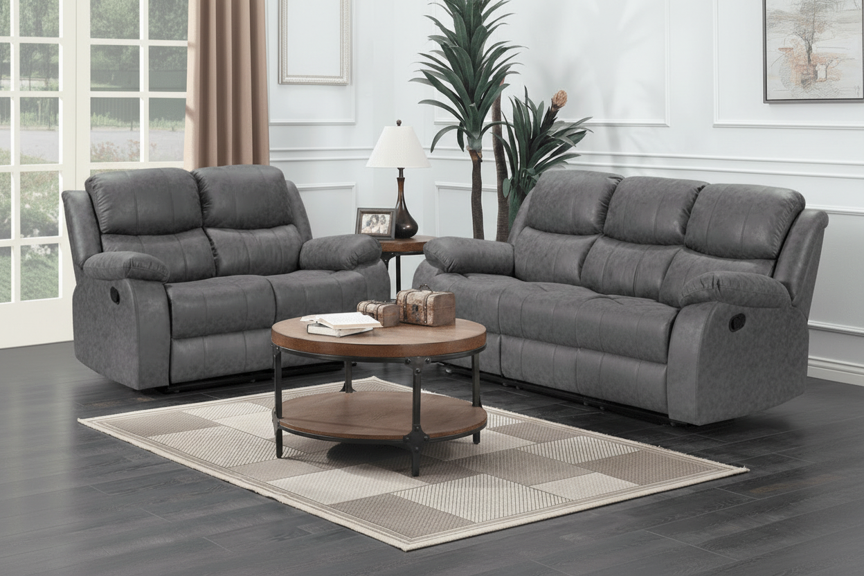 Light Grey manual reclining sofa set with a wooden coffee table in a living room setting.