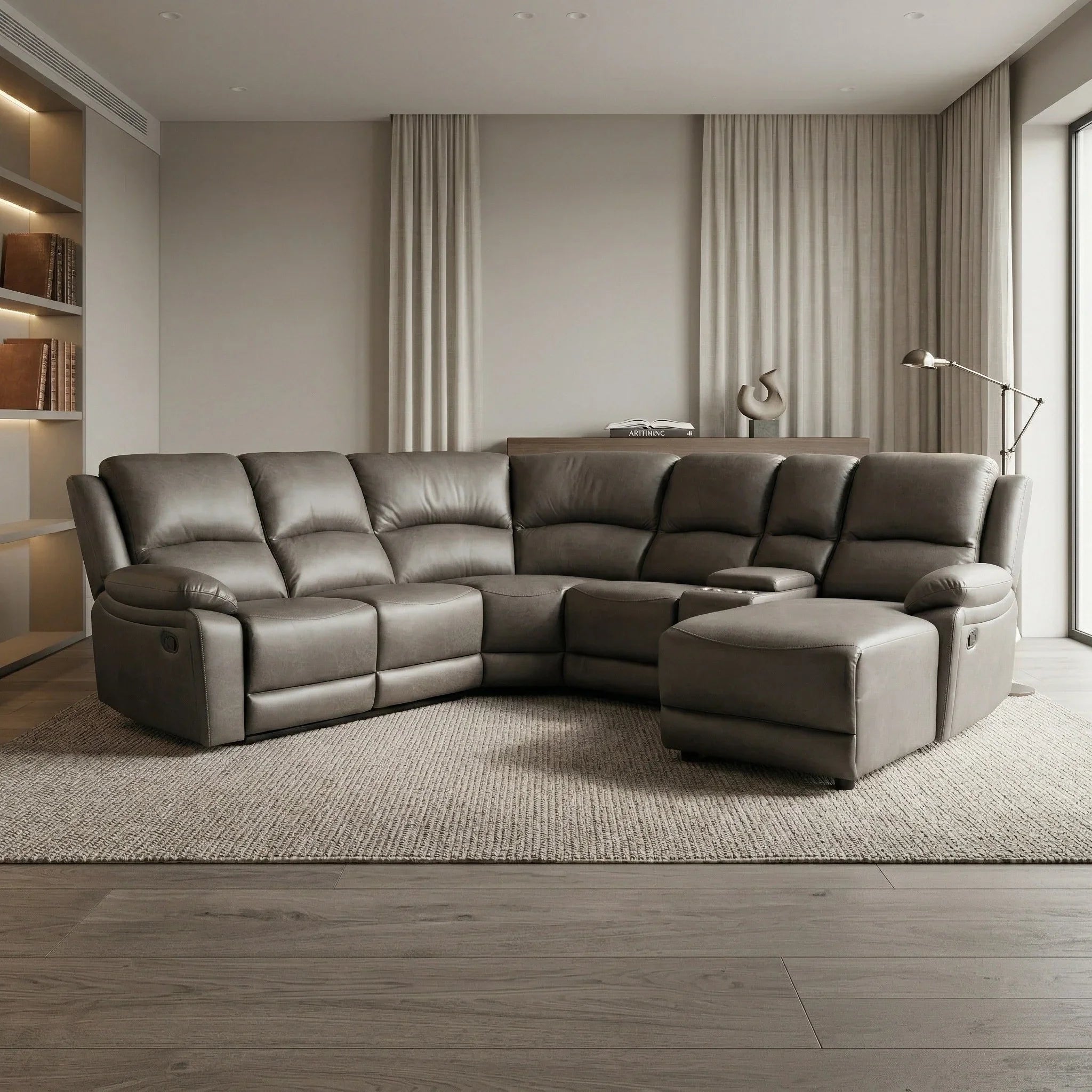 Bondi Corner Recliner Lounge in soft gray leather with plush cushioning, featuring multiple recliner seats arranged in an L-shape in a modern living room setting.