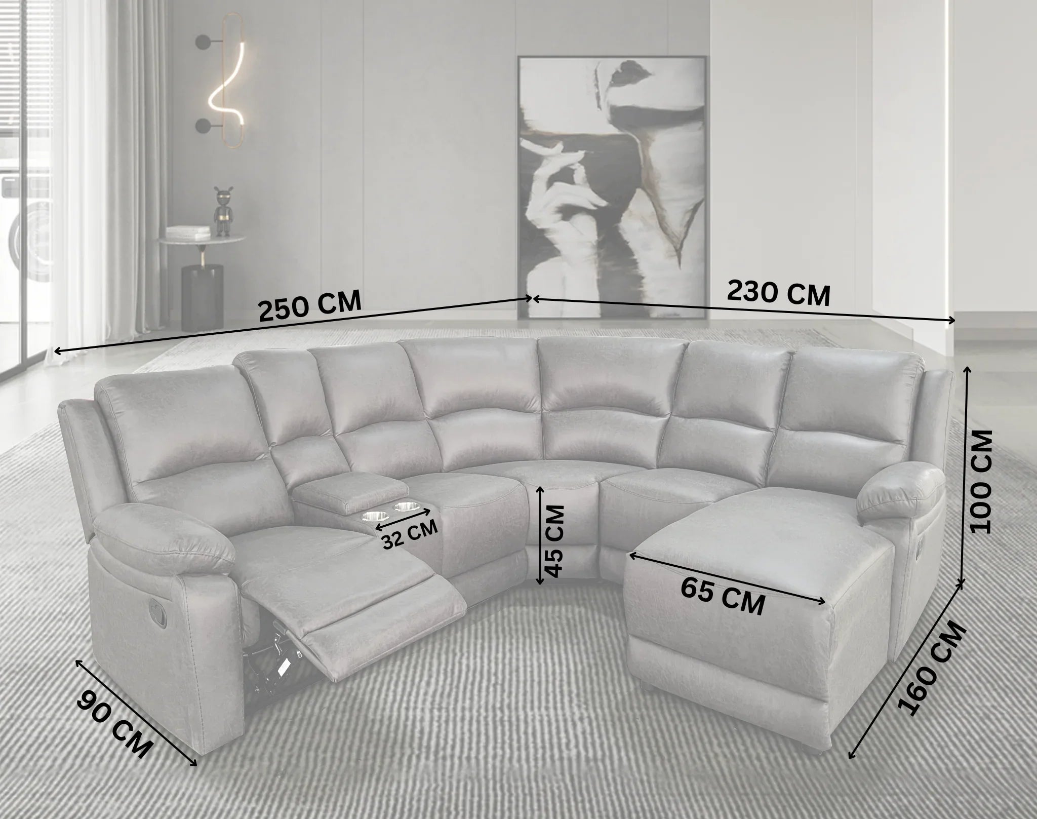 Gray sectional sofa with dimensions marked on a white background