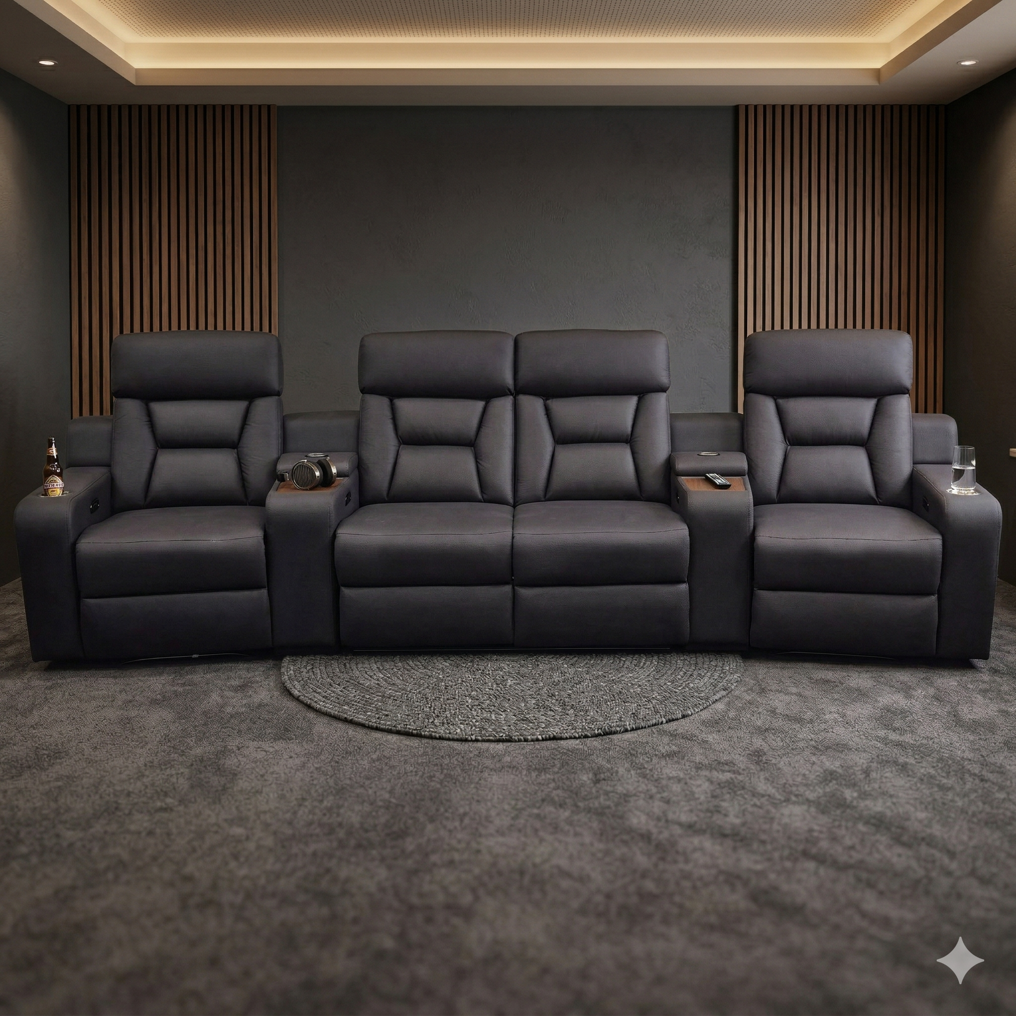 Black theater seats in a dimly lit room with soundproofing panels.