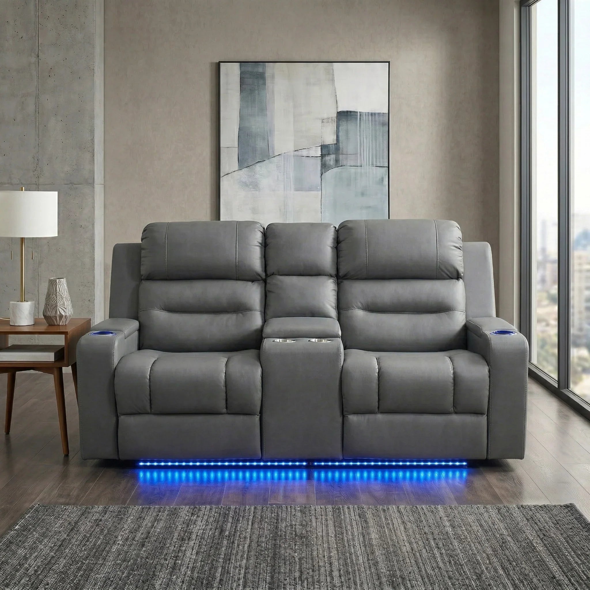 Charcoal recliner sofa with LED lighting in a modern living room.