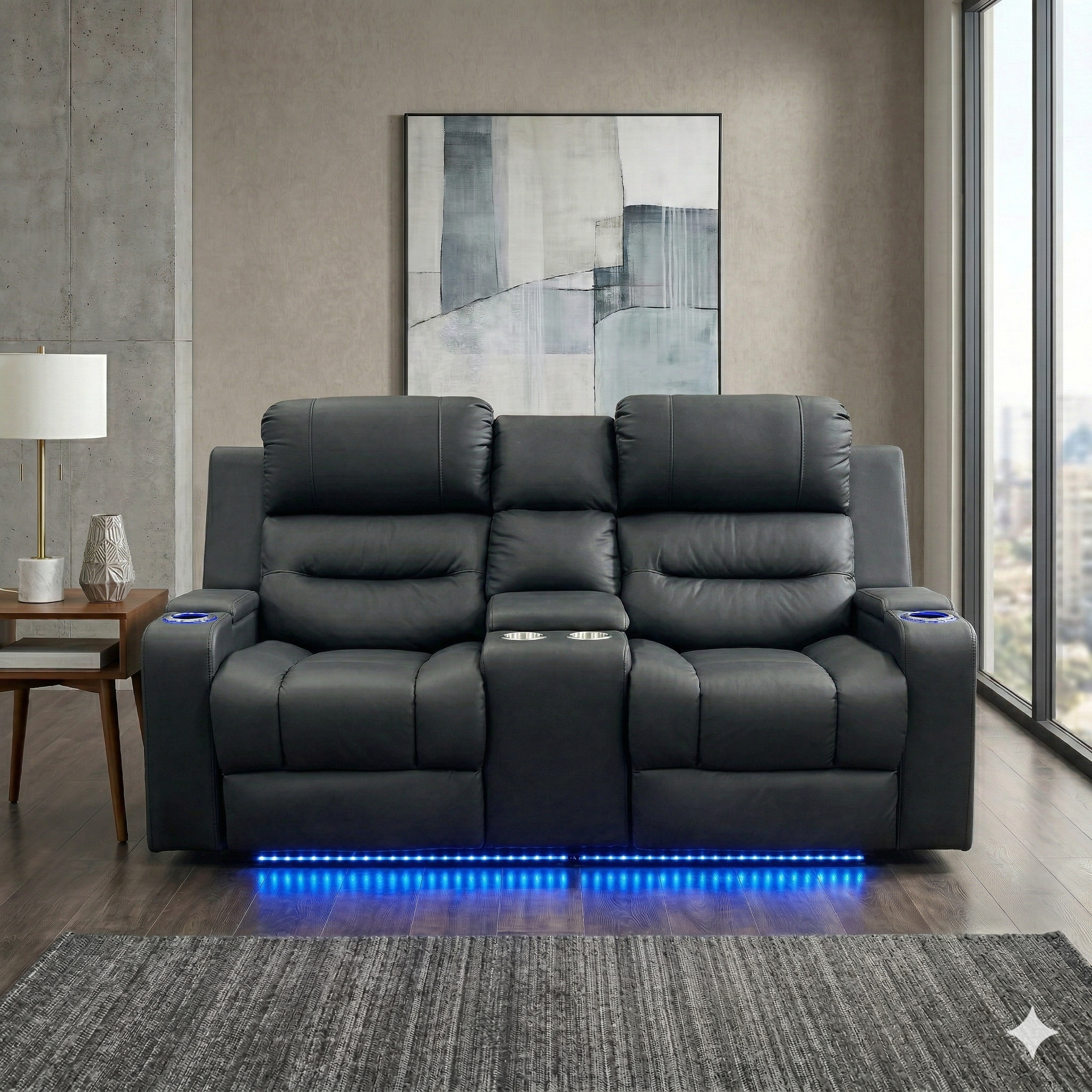 Black reclining sofa with LED lighting in a modern living room.