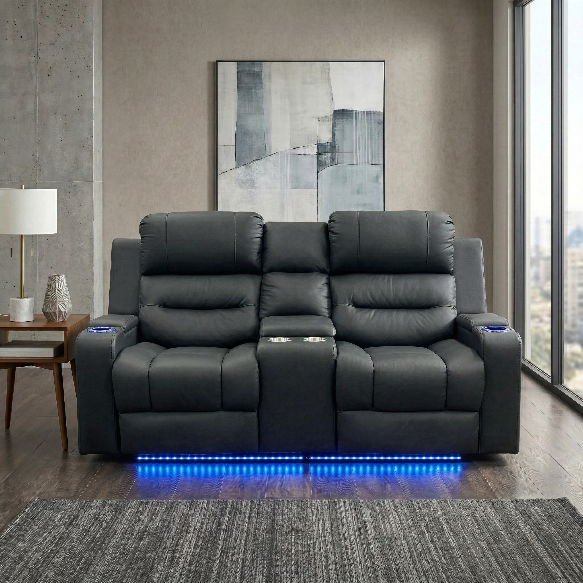 Black recliner sofa with LED lighting in a modern living room.