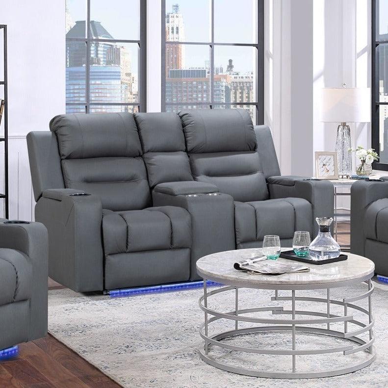 Grey 2-seater electric recliner lounge with cup holders in modern living room setting