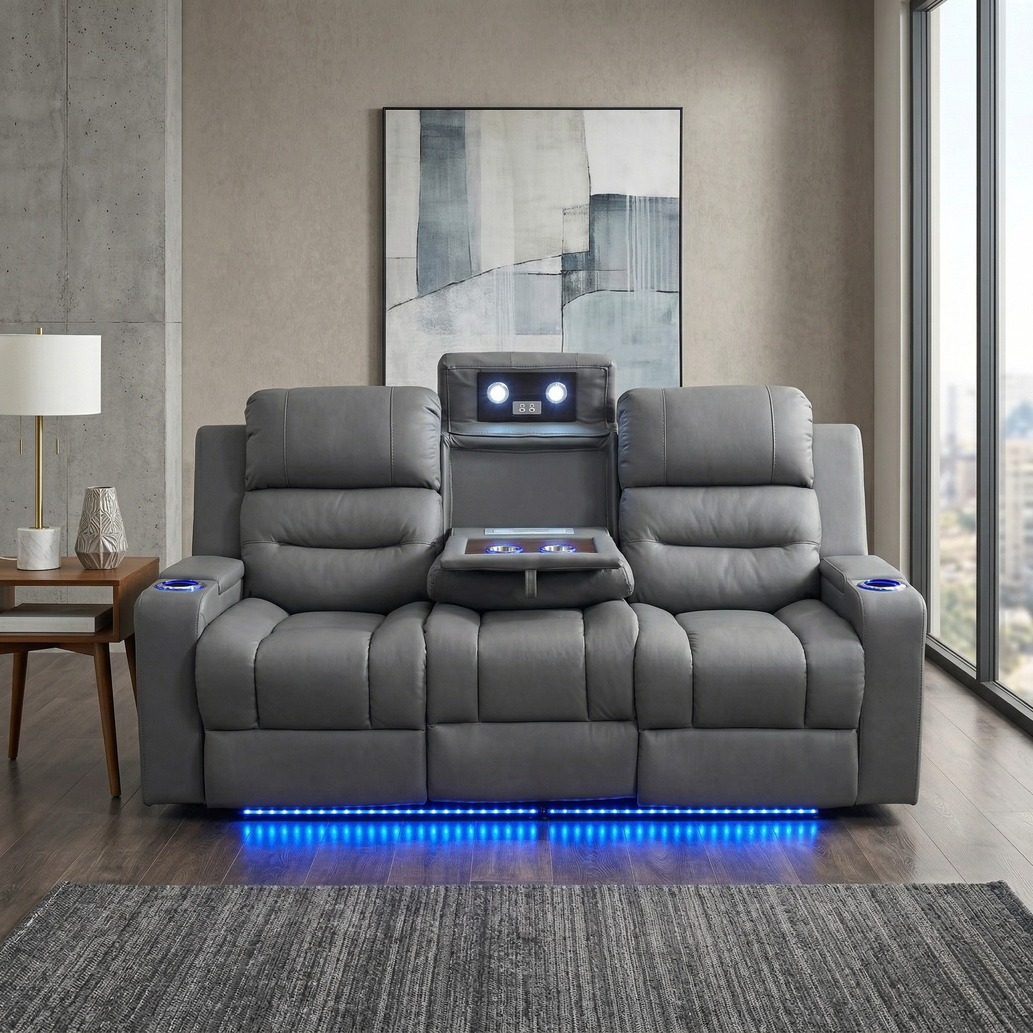 Gray recliner sofa with LED lighting in a modern living room.