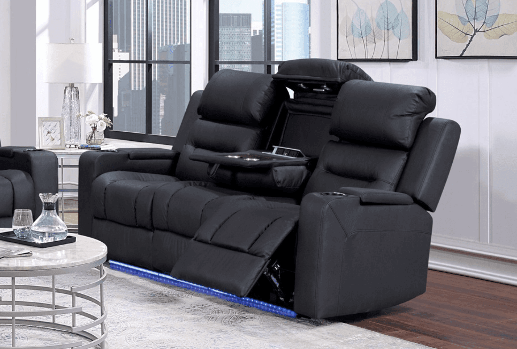 Black 3-seater electric recliner lounge sofa with LED lights and cup holders in modern living room