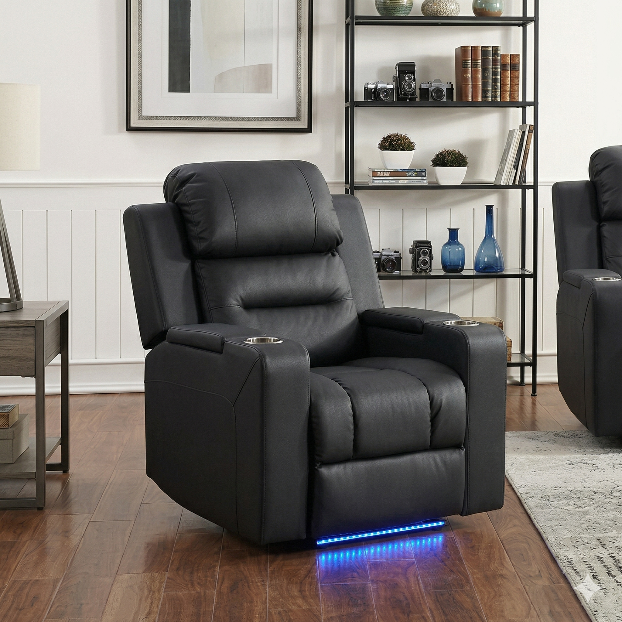 Black recliner chair with LED lighting in a living room setting.