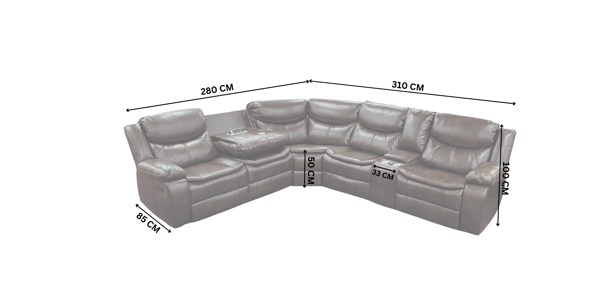 Brown sectional sofa with dimensions labelled on a white background