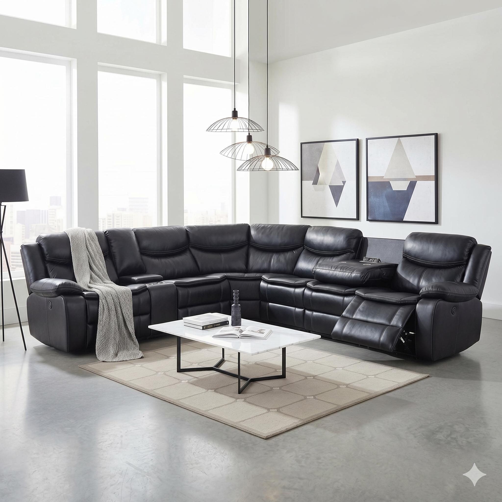 Modern living room with a large black leather corner sofa with ottoman, coffee table, and decorative elements.