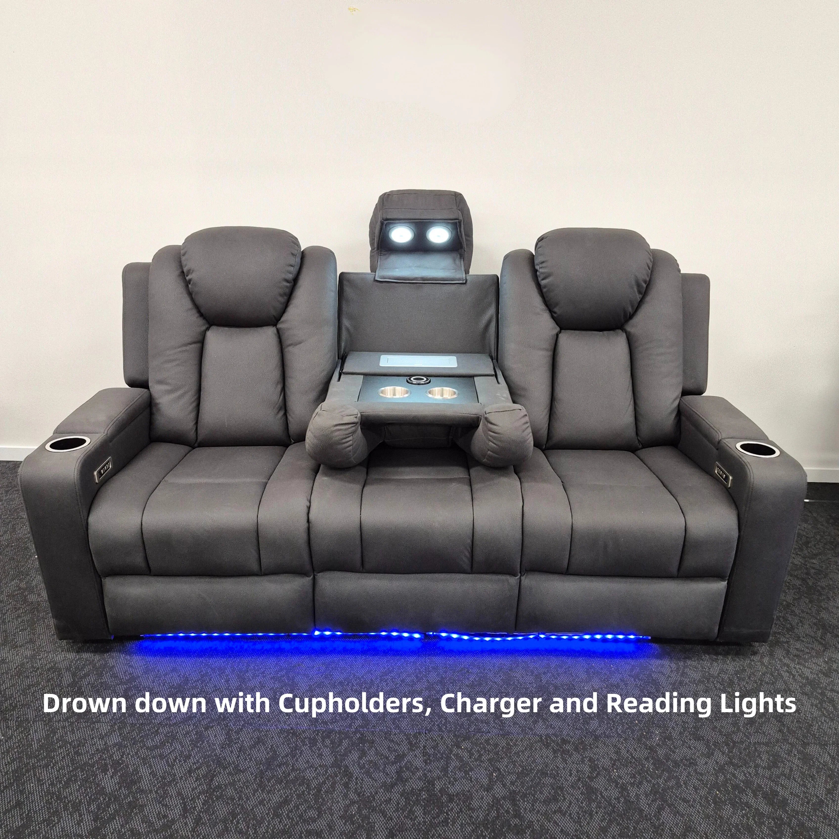 Grey 3 seater electric recliner lounge with dropdown tray, cup holders, USB charger, reading lights