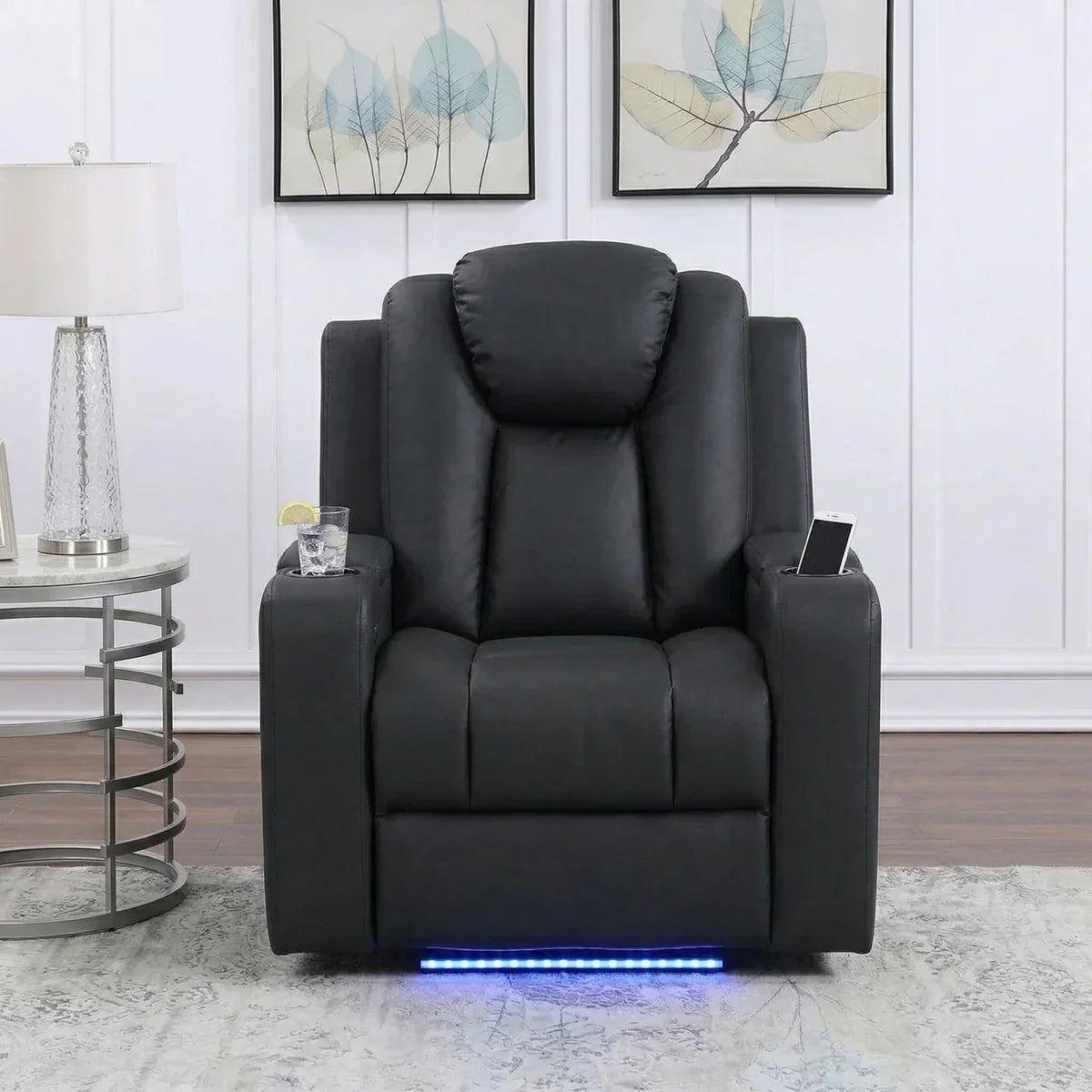 Breeze Dual Motor Electric Recliner Chair in black leather with cup holder and side pocket, featuring LED lights underneath, placed in a modern living room setting.