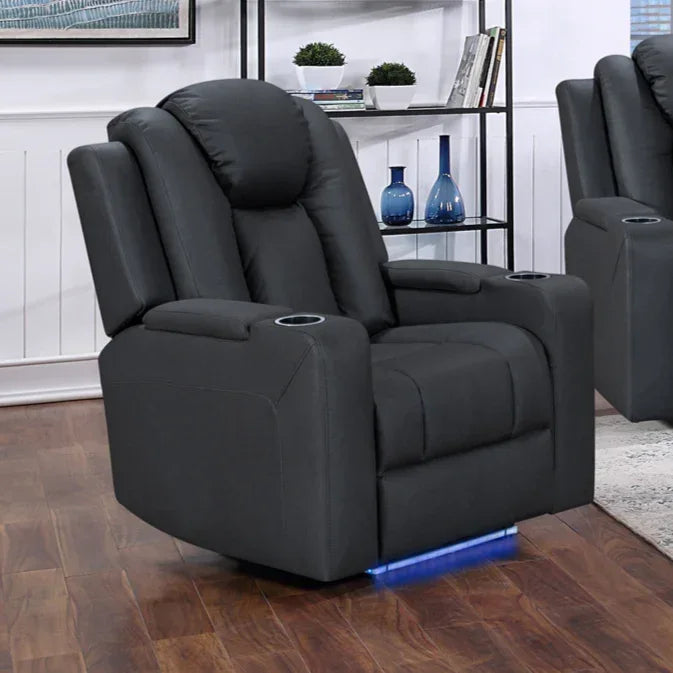 Black recliner armchair with cup holders and blue LED base lighting on wooden floor