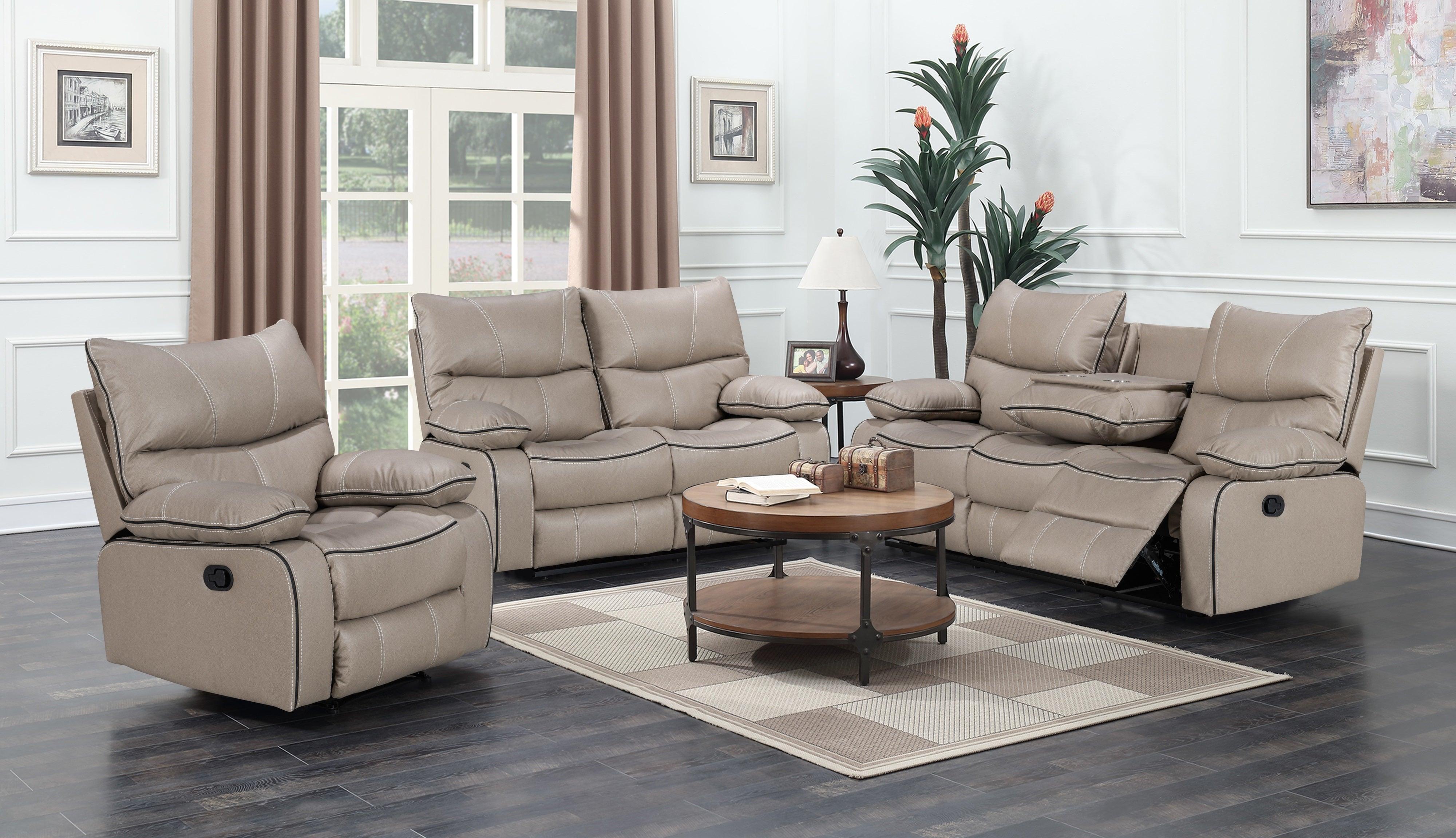 Beige recliner lounge suite in modern living room with round wooden coffee table