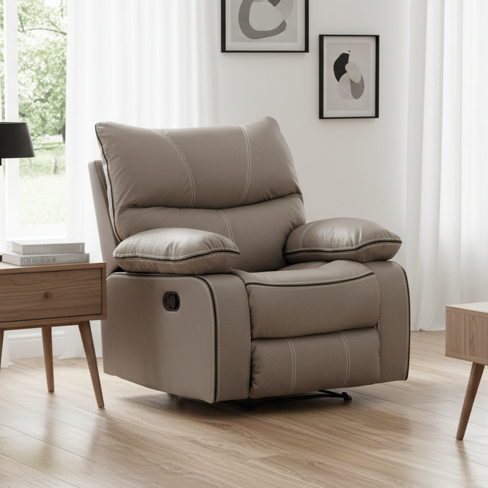 Beige recliner chair in a modern living room with wooden tables and decor.