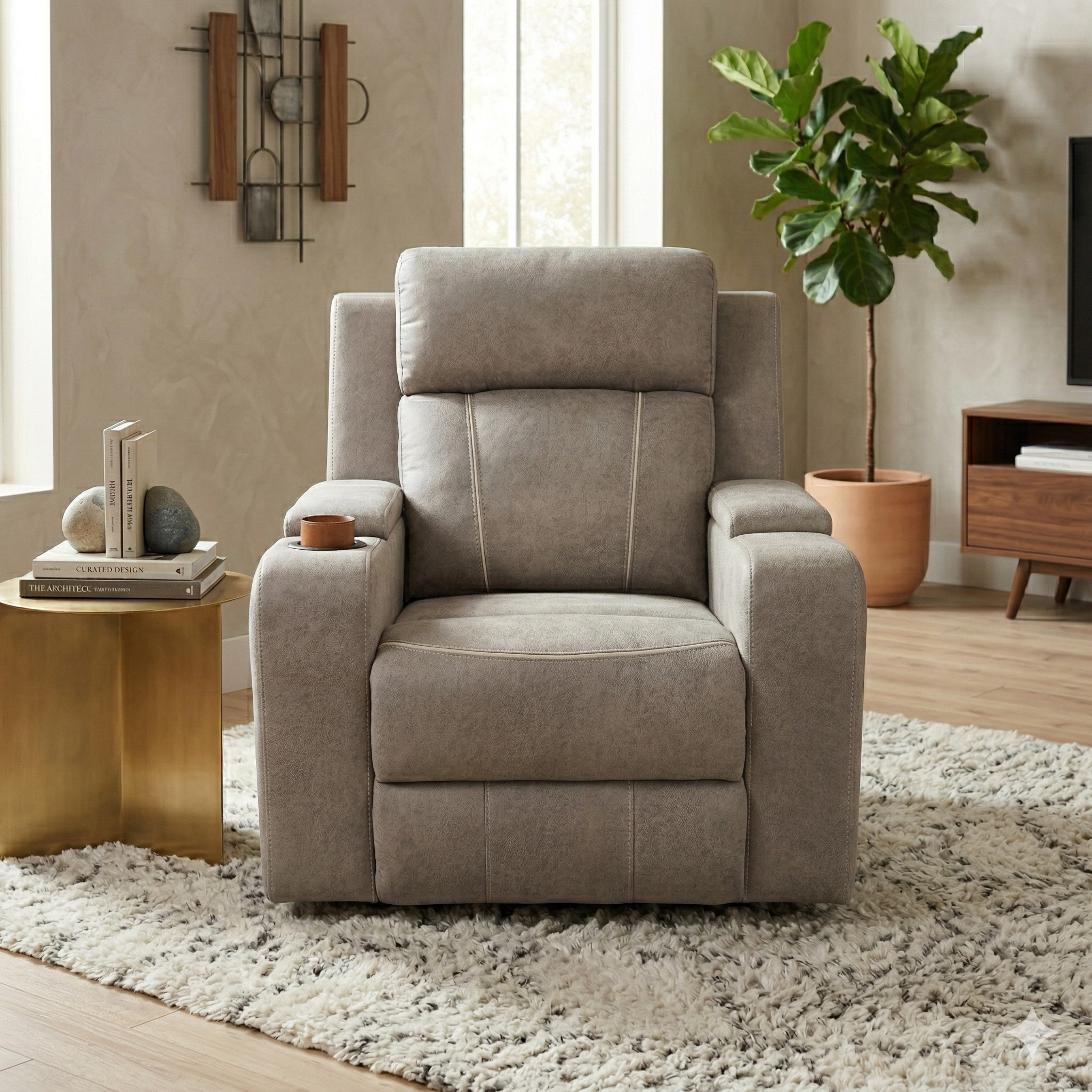 Gray recliner chair in a living room setting with a plant and side table.
