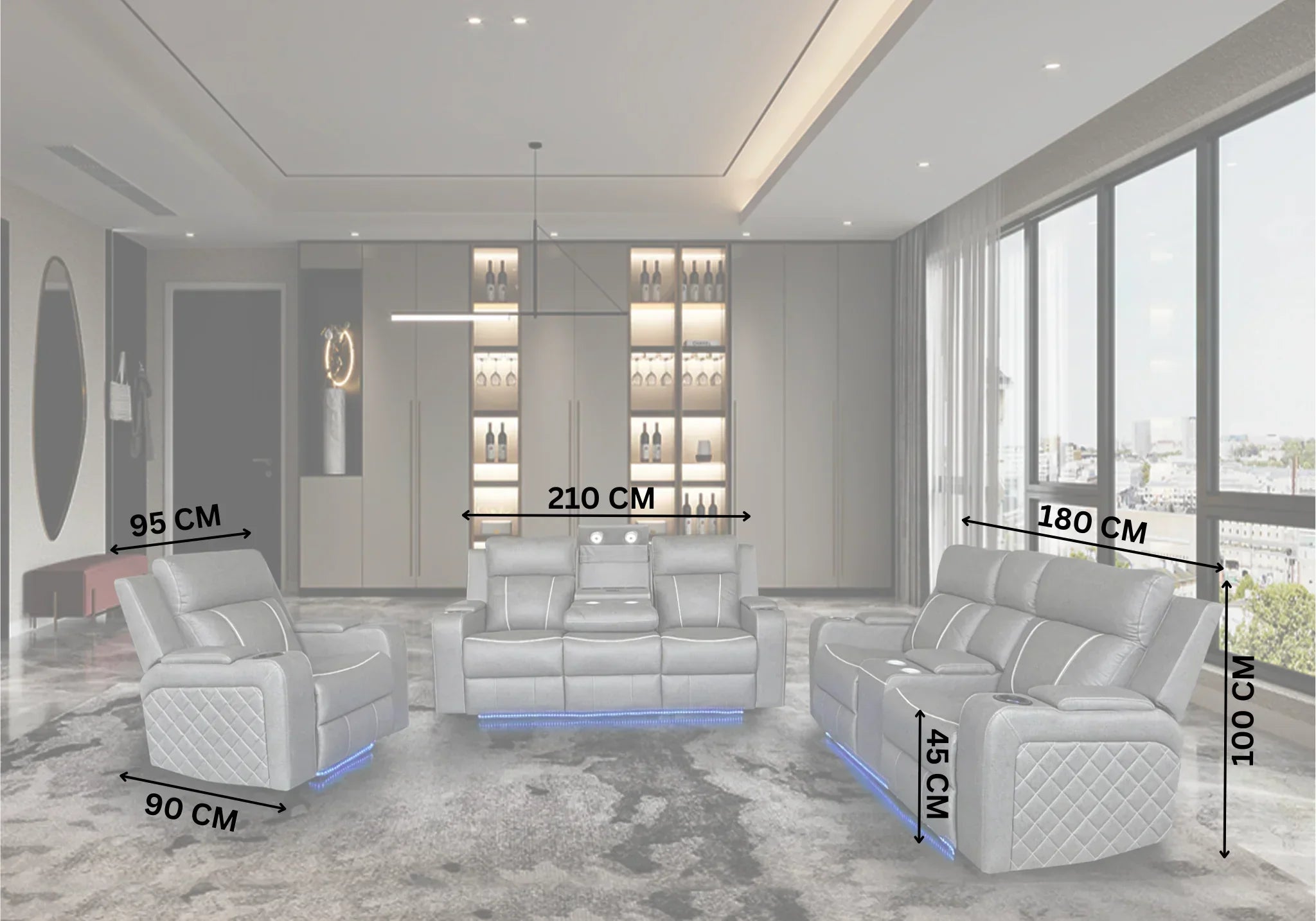 Modern living room with grey recliner sofa set, labeled dimensions in centimeters, LED base lighting.