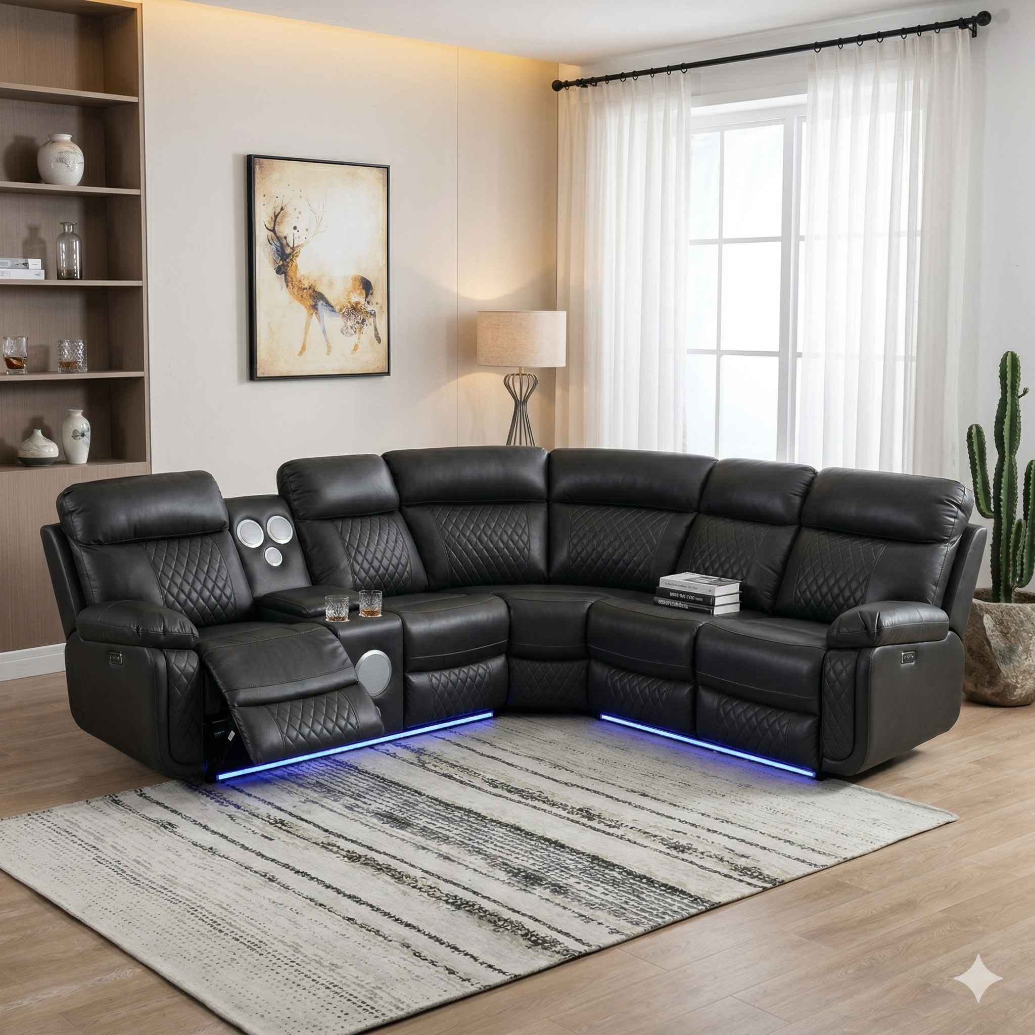 Black leather corner sofa with recliner in a living room setting with a rug and decor.
