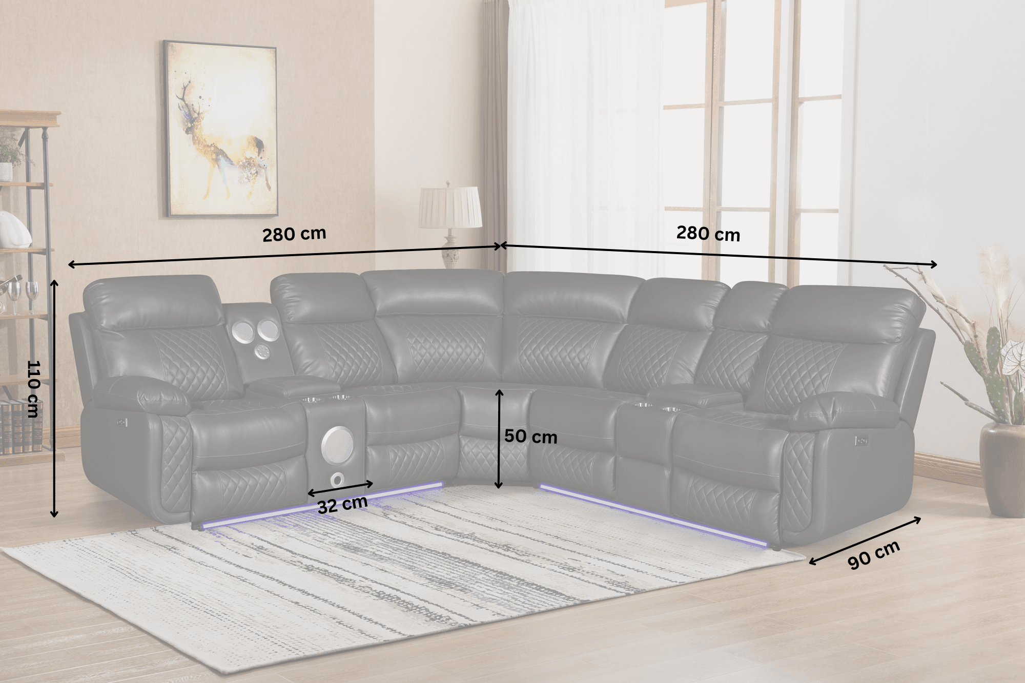 Corner sectional lounge sofa in living room with dimensions labeled: 280x280x90x110 cm.