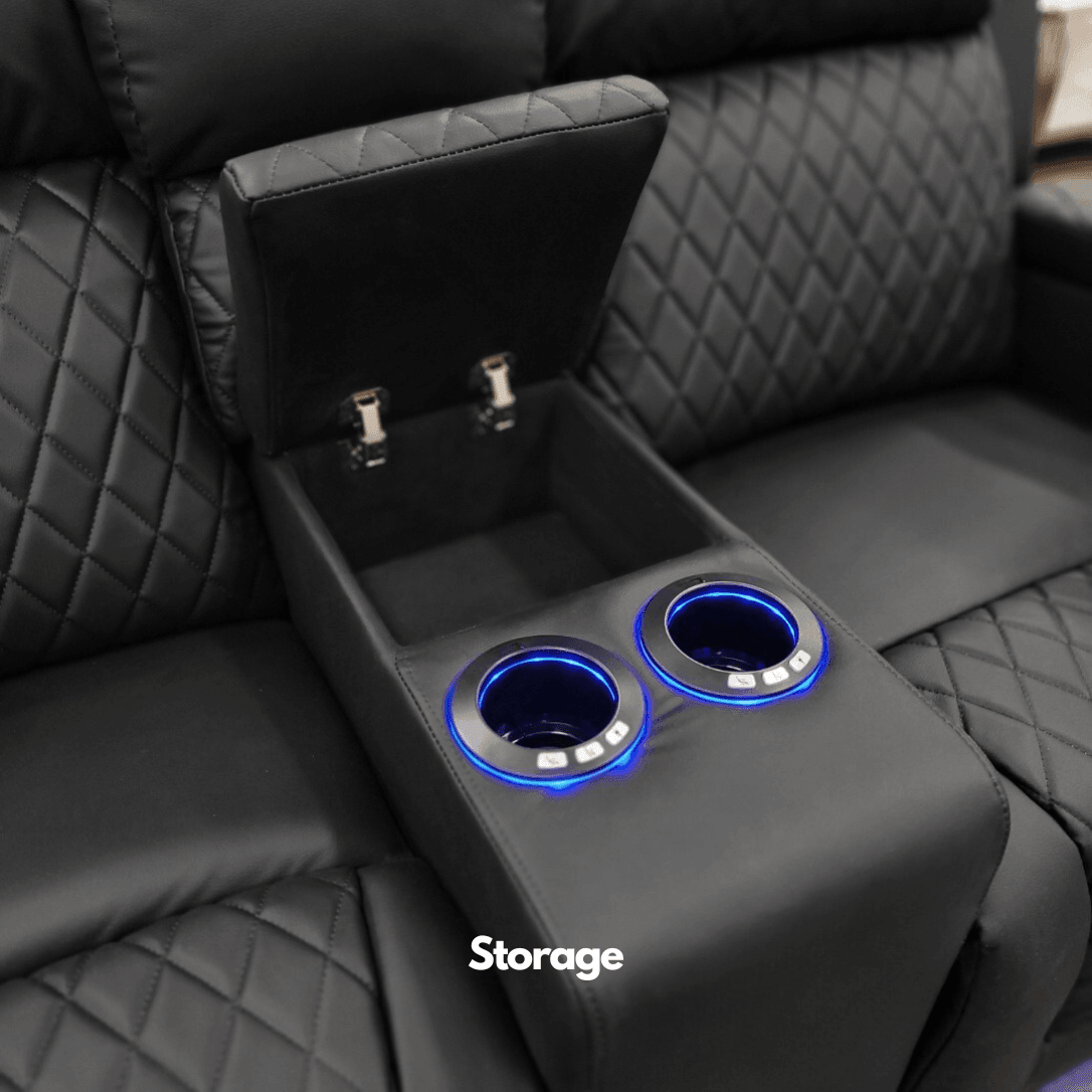 Black recliner sofa with diamond stitching, storage compartment, and LED cup holders