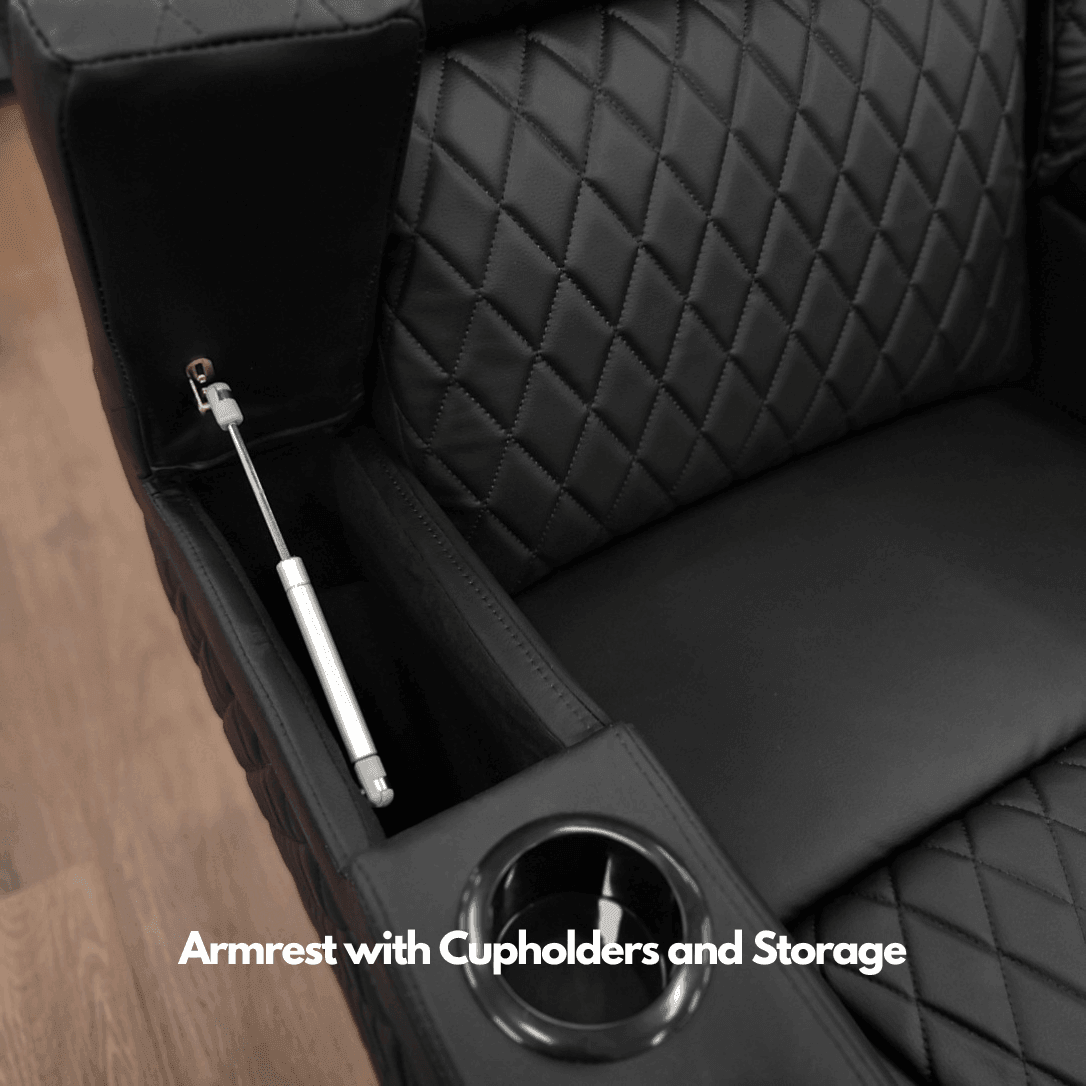 Black quilted lounge chair armrest with cup holder and built-in storage compartment