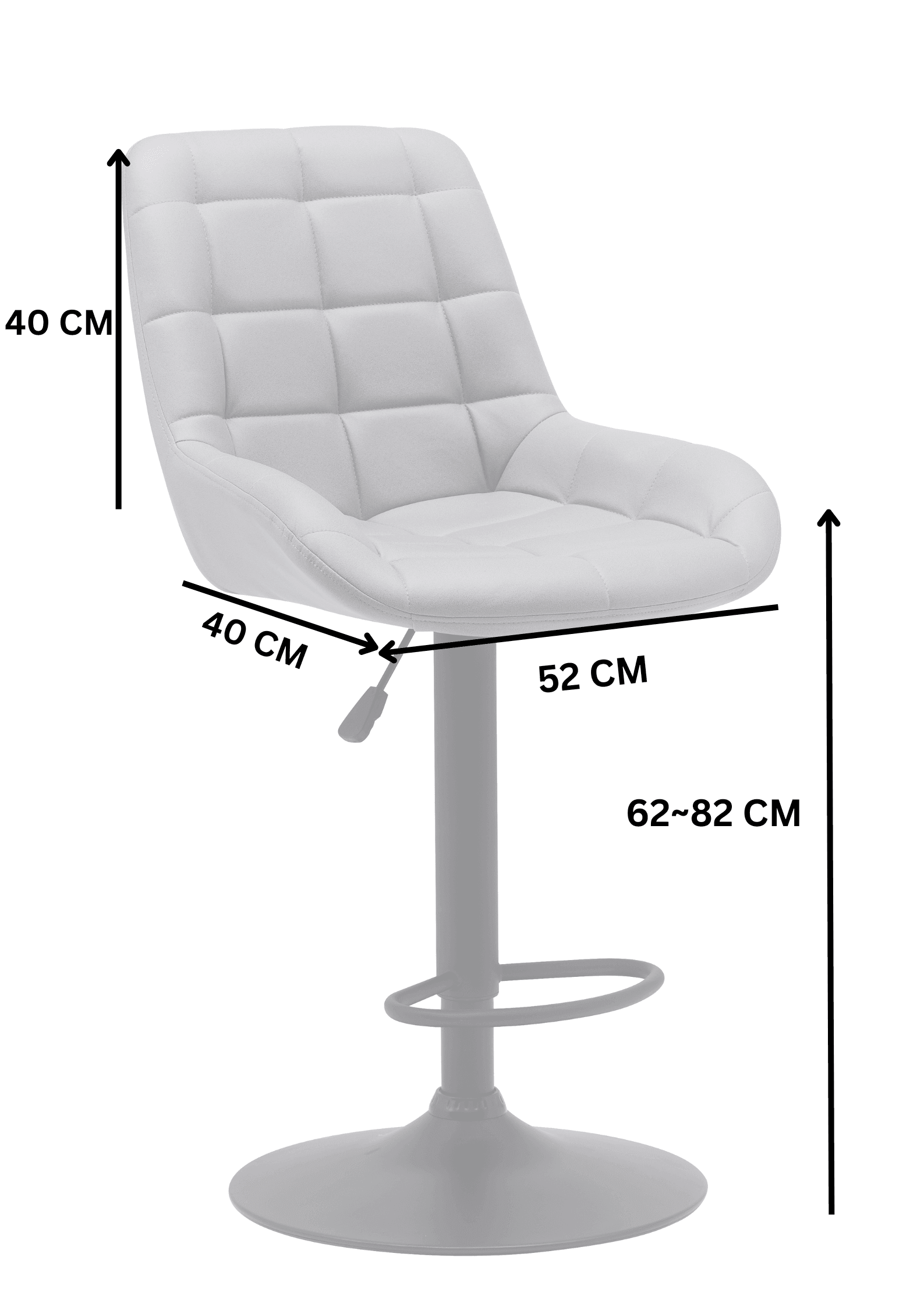 Modern adjustable bar stool with padded seat, backrest, and labeled measurements in centimeters.