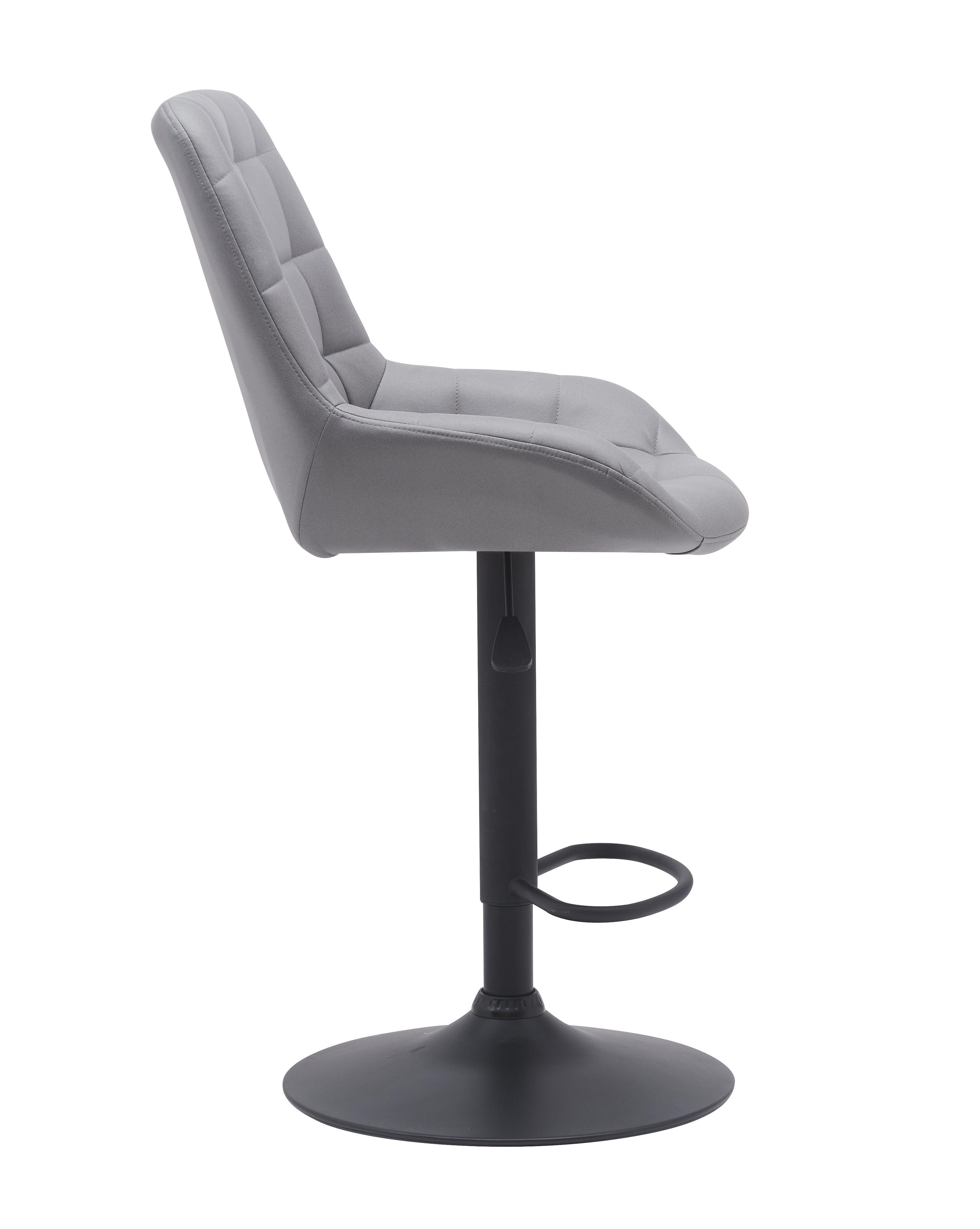 Modern grey bar stool with tufted seat, high backrest, and black pedestal base