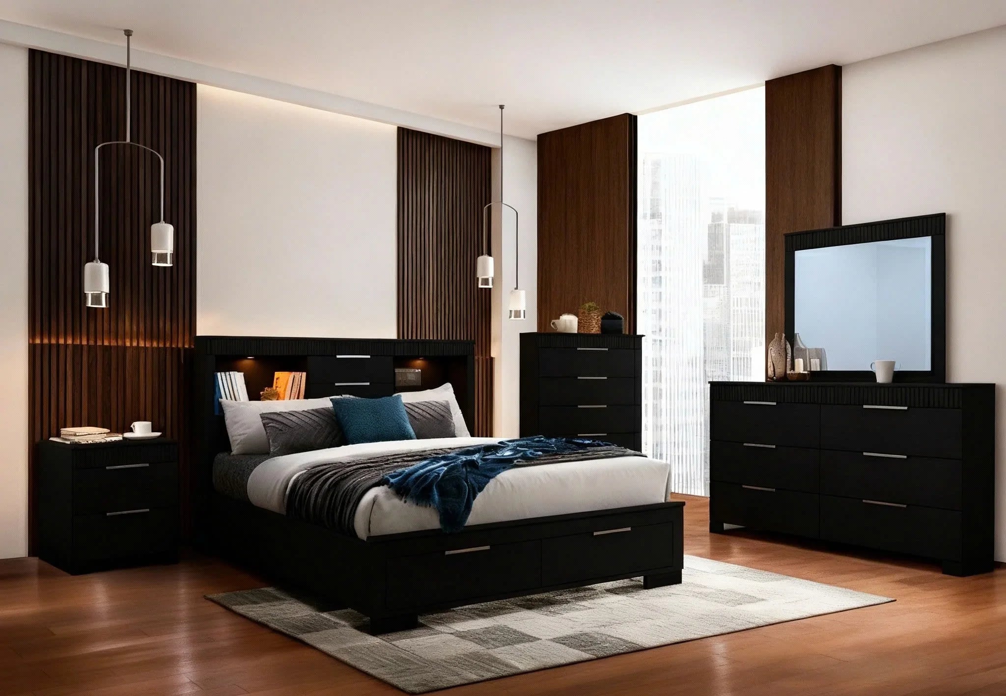 Modern bedroom with black furniture set including bed, nightstands, and dresser.