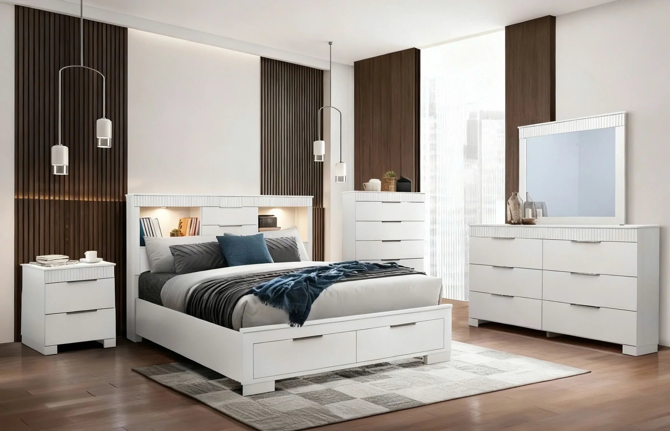 Modern bedroom set with white furniture, including bed, nightstands, and dresser.