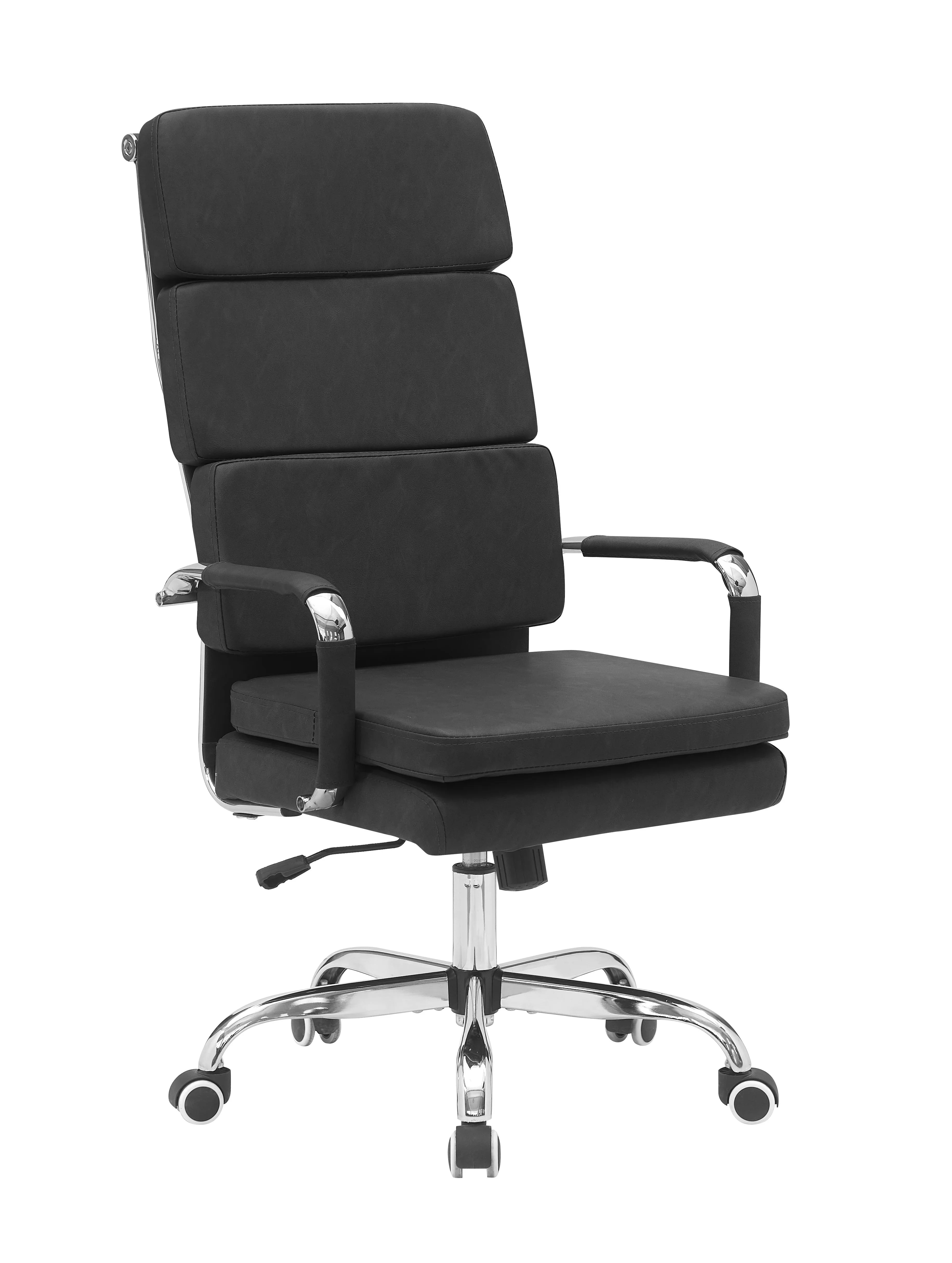 Black office chair with high backrest and chrome base on a white background
