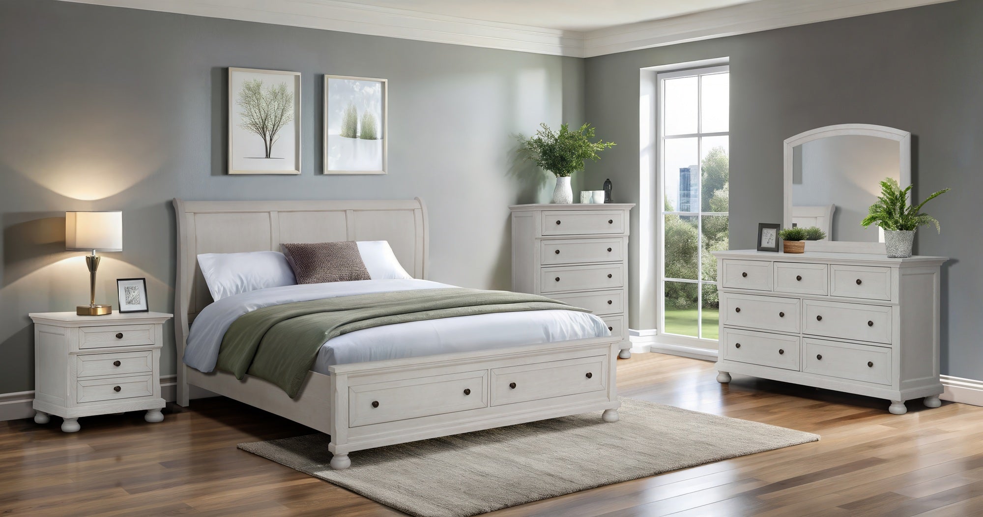 Neatly arranged bedroom with white furniture including a bed, nightstands, and dressers.