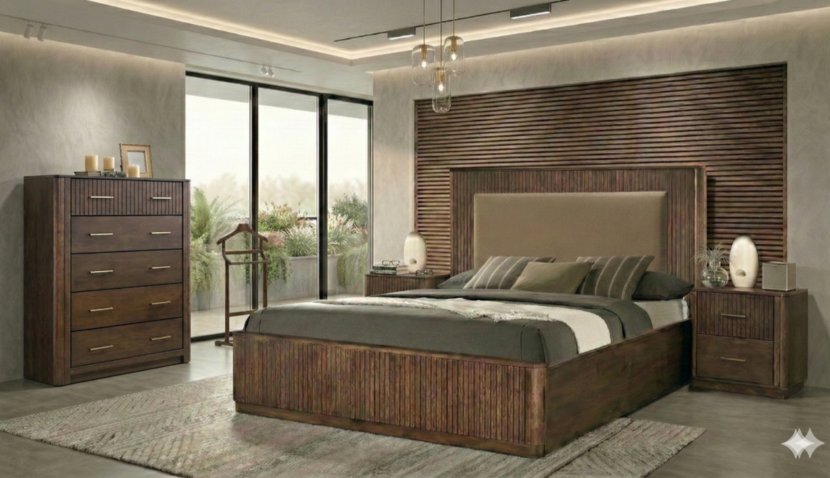 Modern bedroom with wooden furniture including a bed, dresser, and nightstands.
